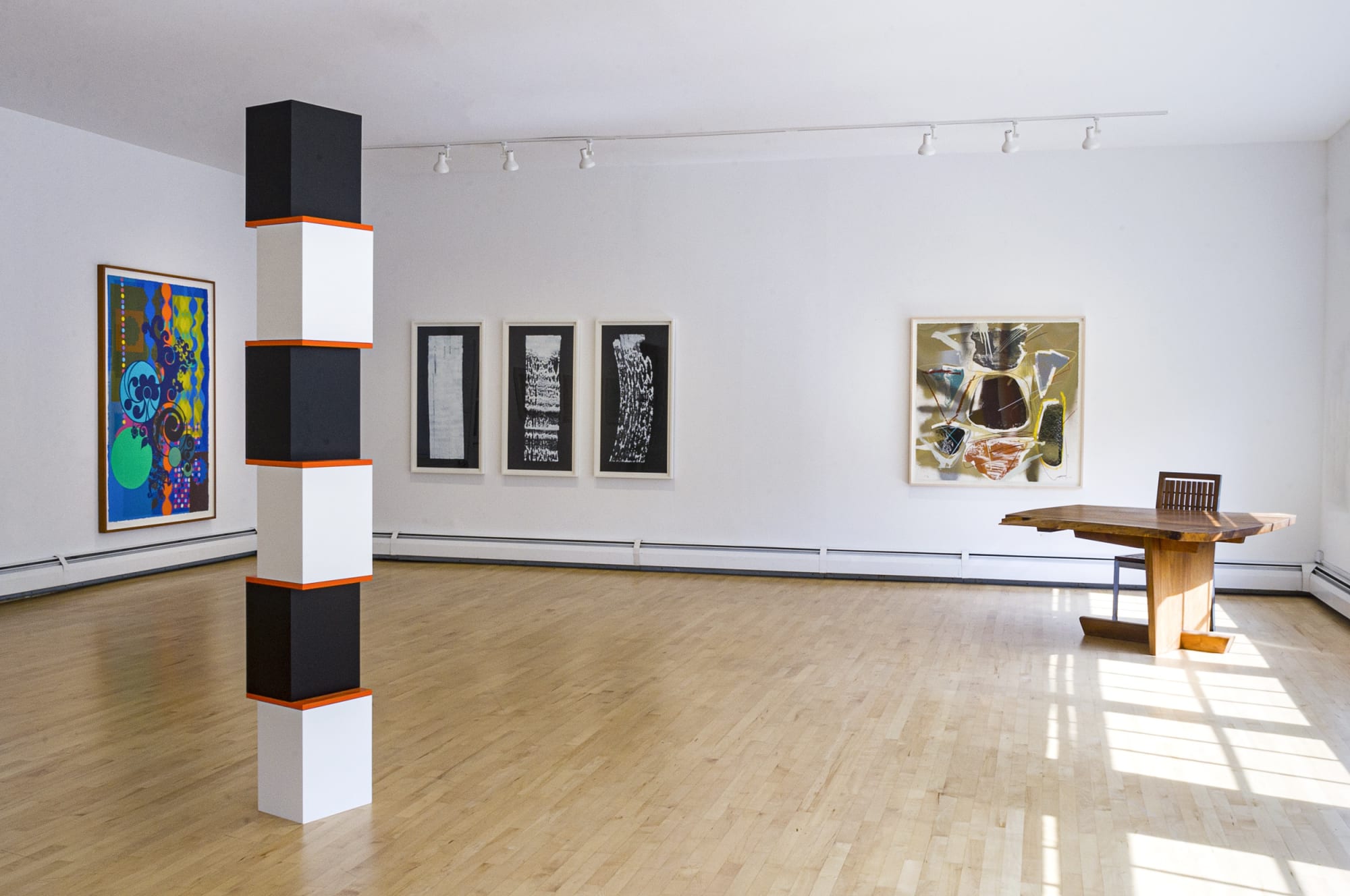 Installation of Sculpture, Michael Heizer Post Historic Screenprint, and Nares Road Paint Prints in Durham Press Gallery