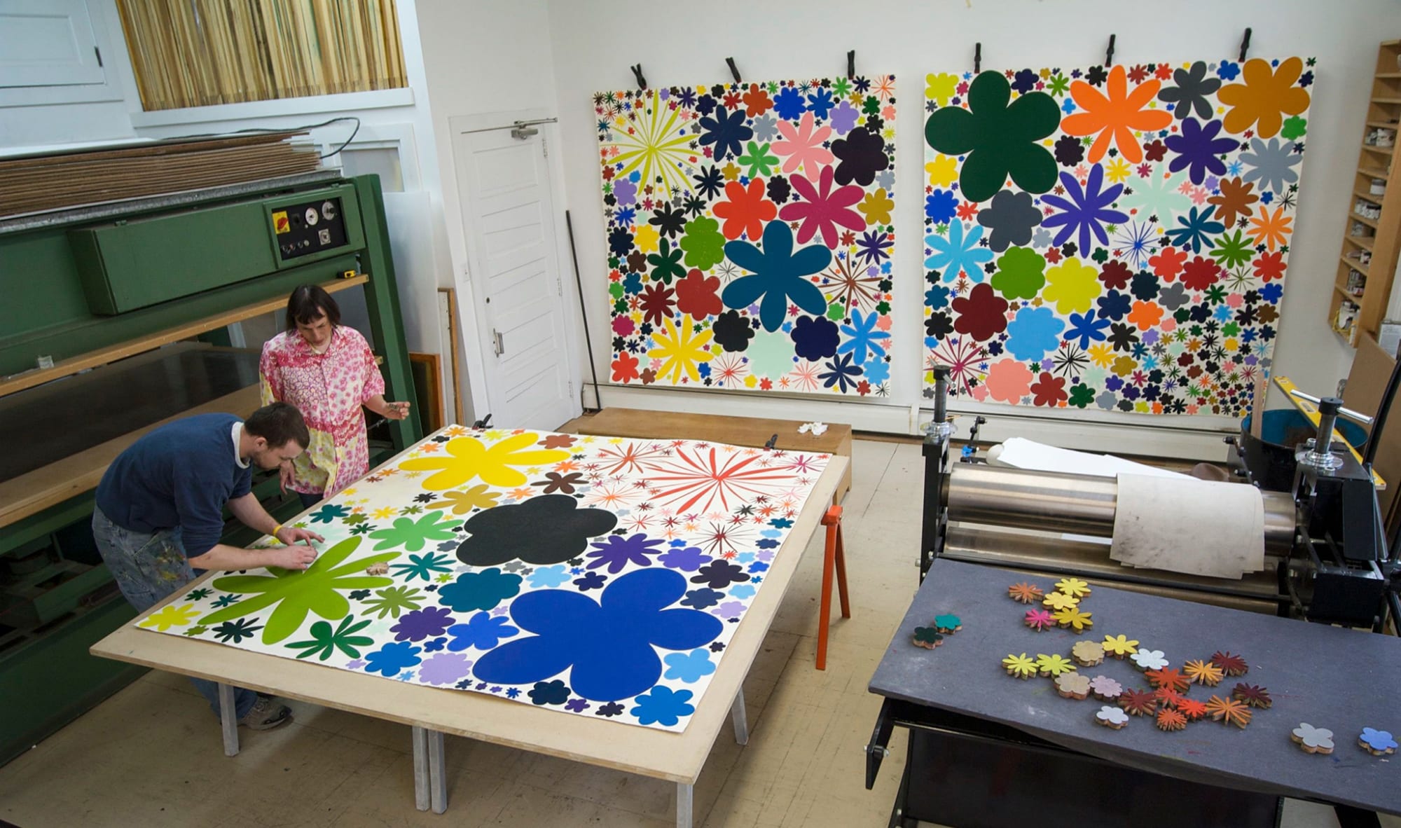 Polly Apfelbaum at Durham Press printing Flower Park woodblock monoprints on hydraulic press