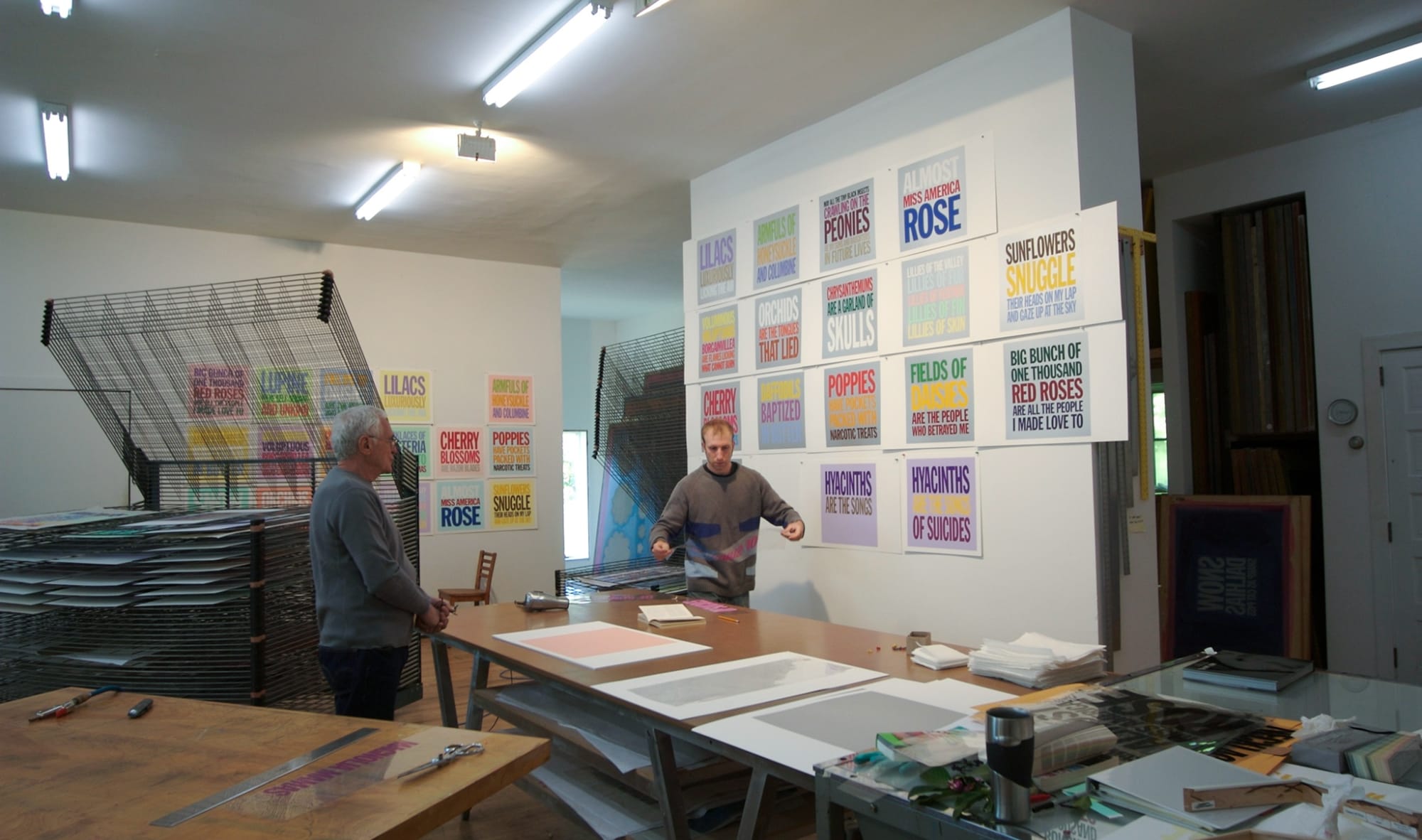John Giorno proofing welcoming the flowers screenprint portfolio edition print at Durham Press