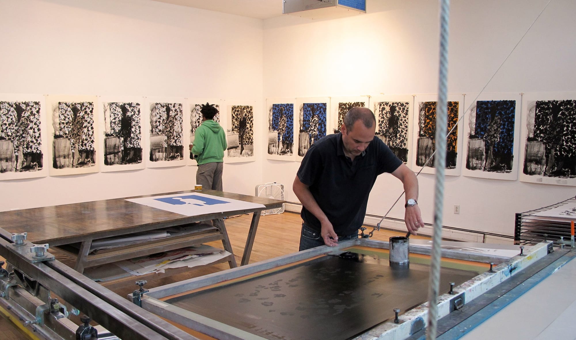Hurvin Anderson proofing Mrs S Keita screenprint layers at Durham Press