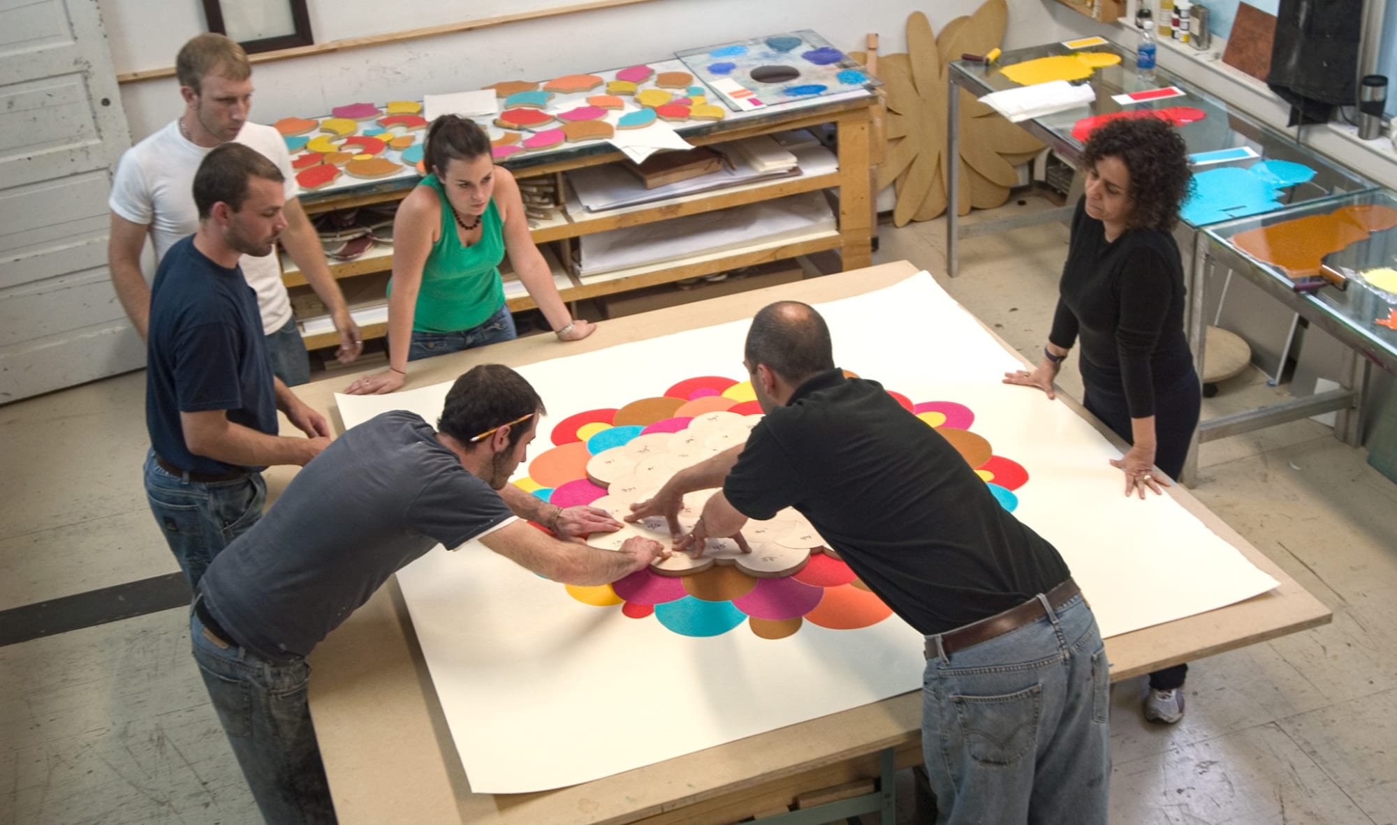 Beatriz Milhazes Durham Press printing Jamaica print edition woodblock layer on hydraulic press