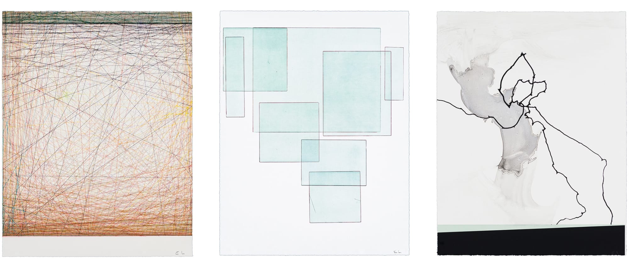 Compilation of 3 double event monoprints, thread glass and larva, by Emil Lukas with Durham Press