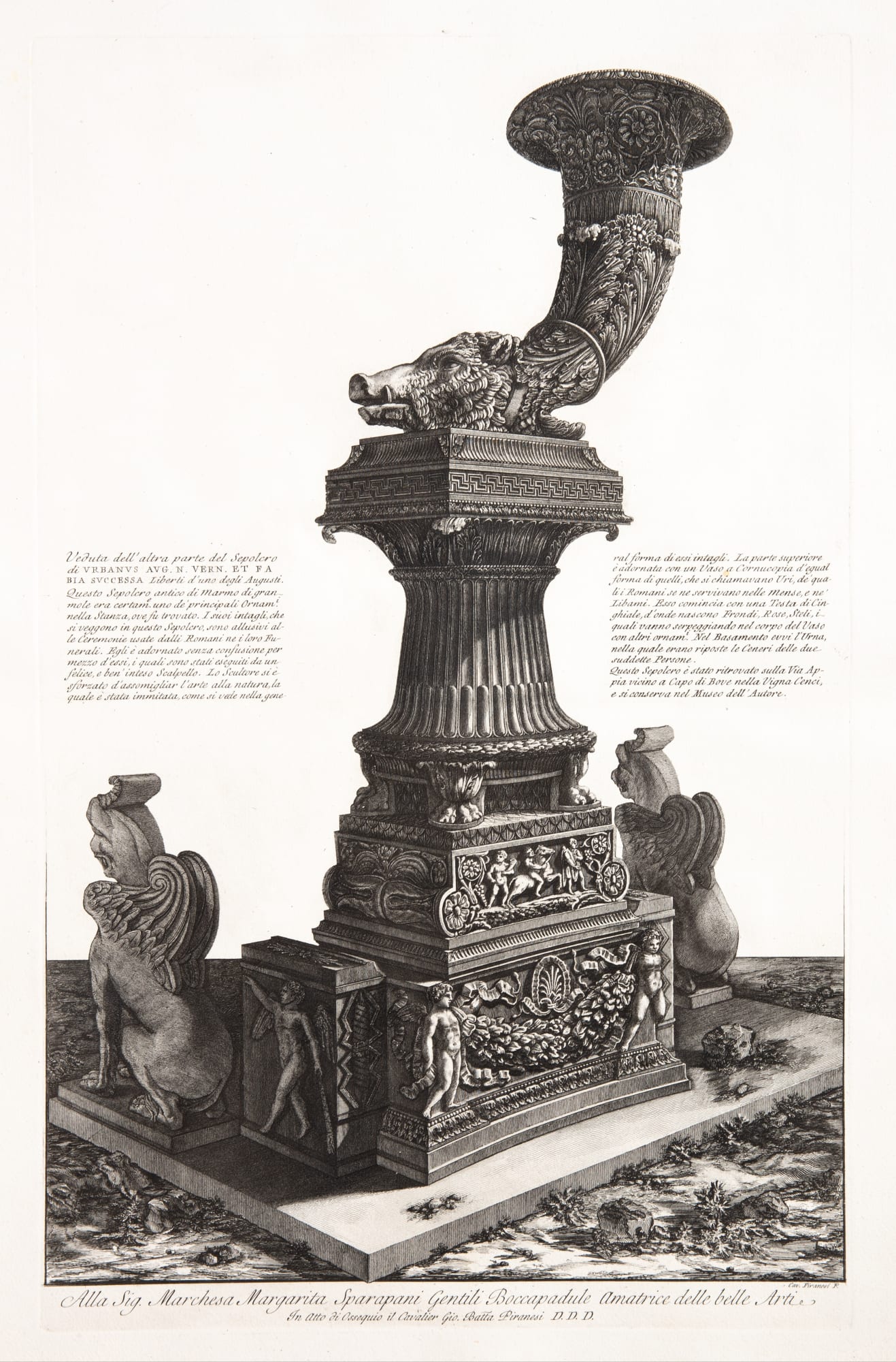 Giovanni Battista Piranesi, Perspective view of a funerary monument of a boar's headed rhyton on a vase with concave flutes found in a tomb on the Via Appia, 1773-78