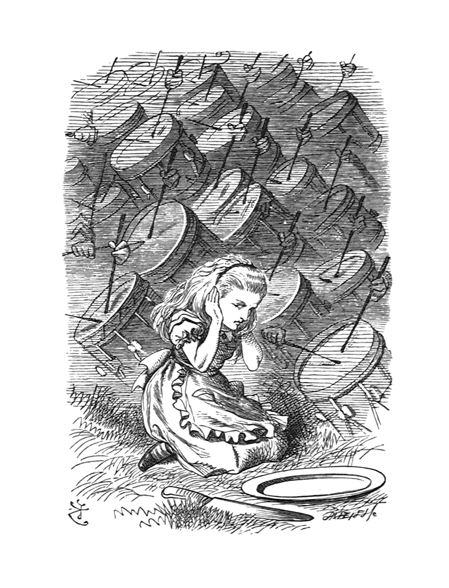 John Tenniel, She dropped to her knees and put her hands over her ears, vainly trying to shut out the dreadful uproar..., 1988