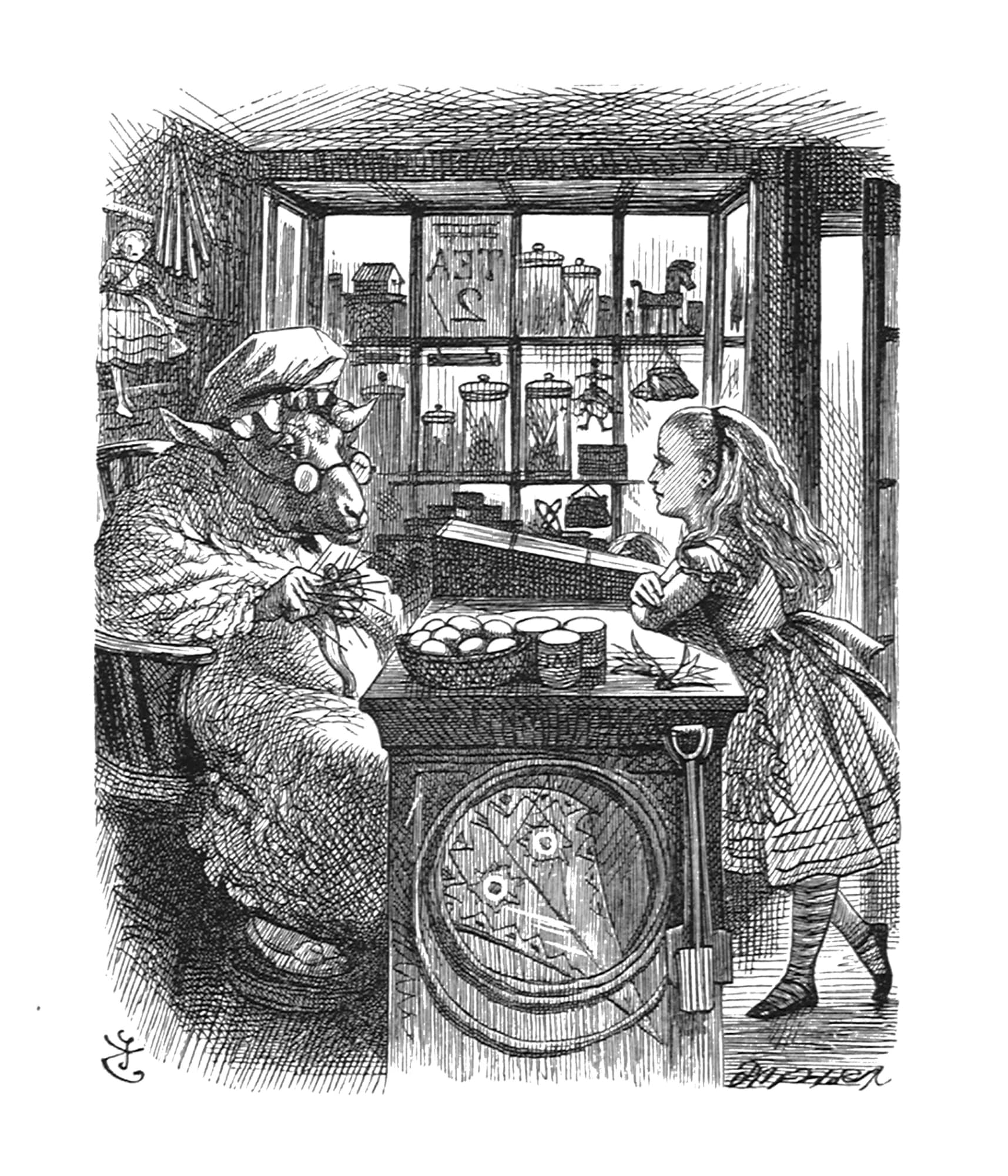 John Tenniel, She was in a little dark shop, leaning with her elbows on the counter, and opposite to her was an old Sheep..., 1988