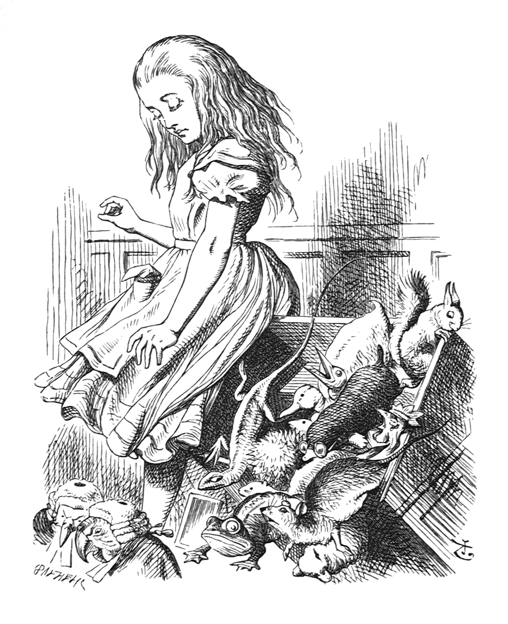 John Tenniel, She jumped up in such a hurry that she tripped over the jury-box with the edge of her skirt..., 1988