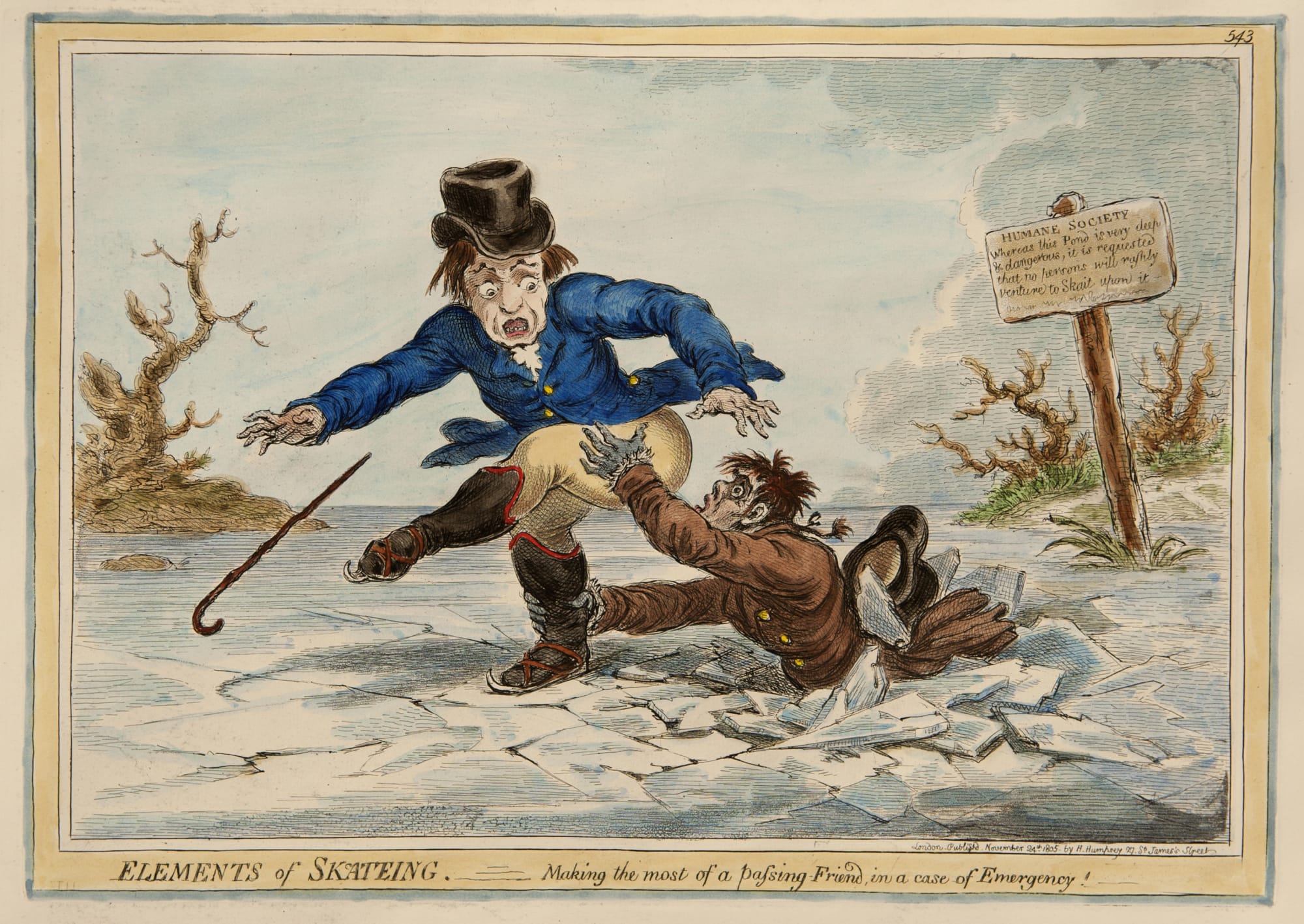 James Gillray, Elements of Skateing - Making the most of a passing friend, in a case of Emergency!, 1805