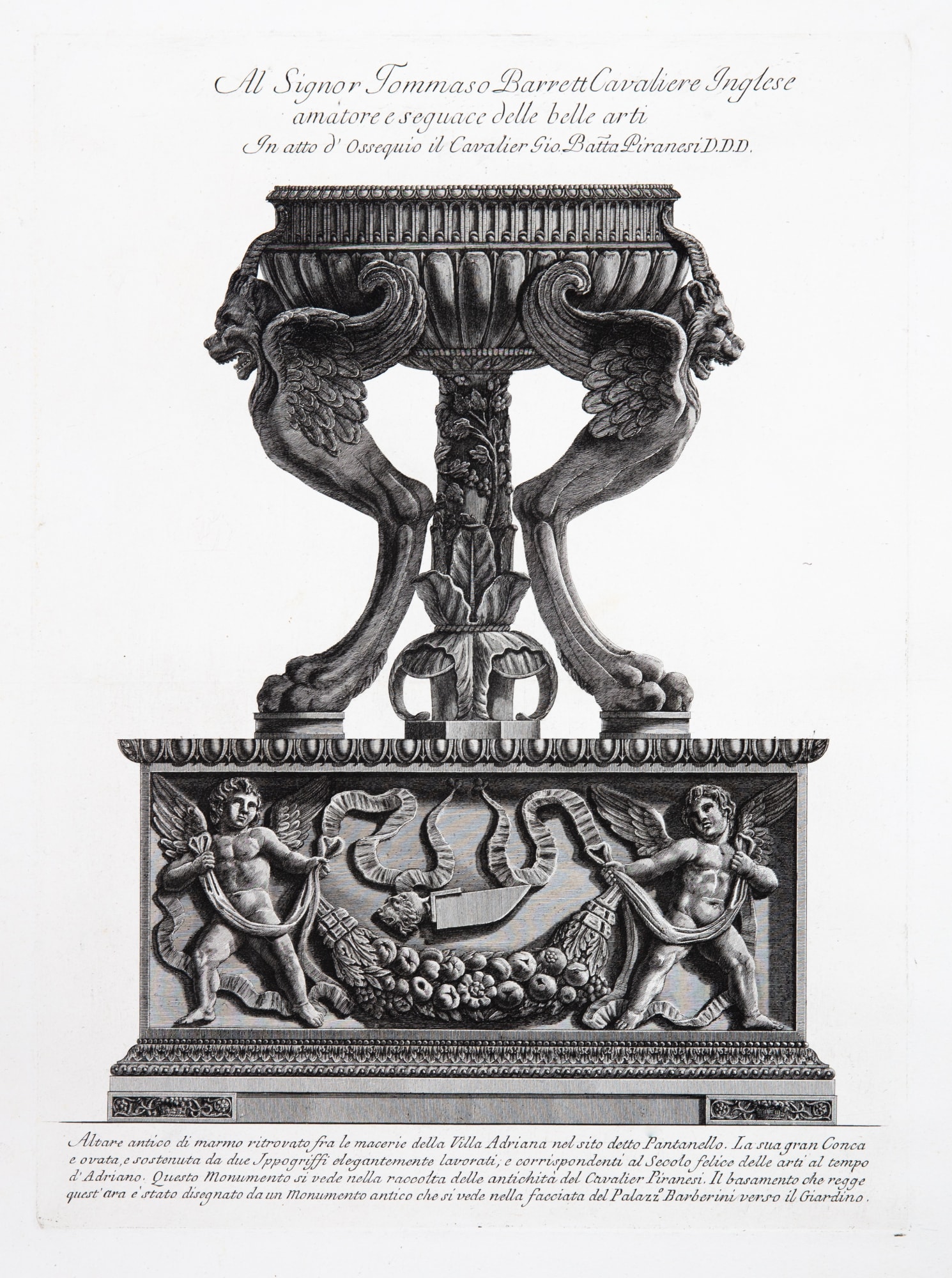 Giovanni Battista Piranesi, Marble altar in the form of a tripod vase from Hadrian's Villa, Tivoli supported on a monument from Palazzo Barberini, 1773-78