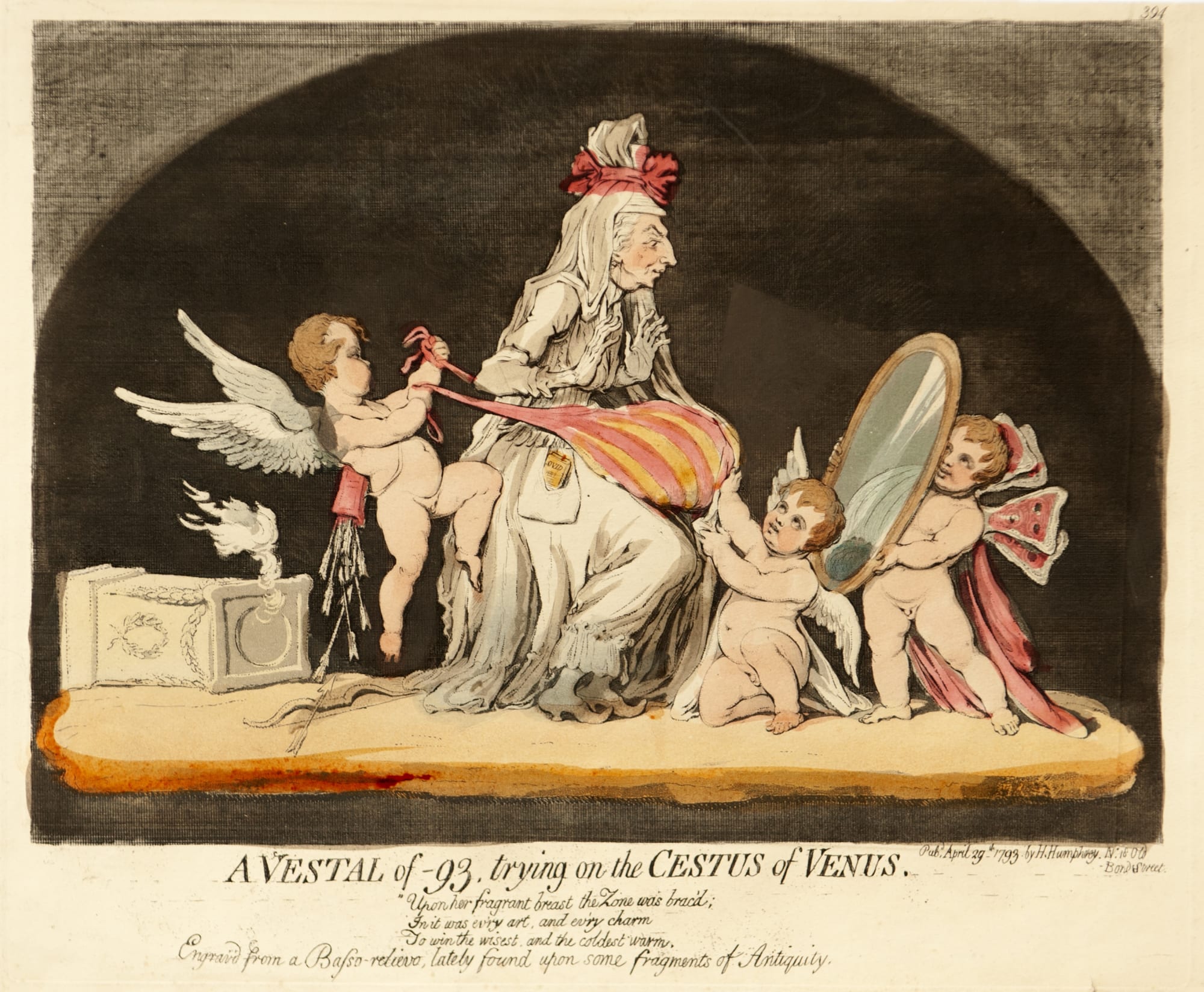 James Gillray, A Vestal of 93 - trying on the Cestus of Venus, 1793