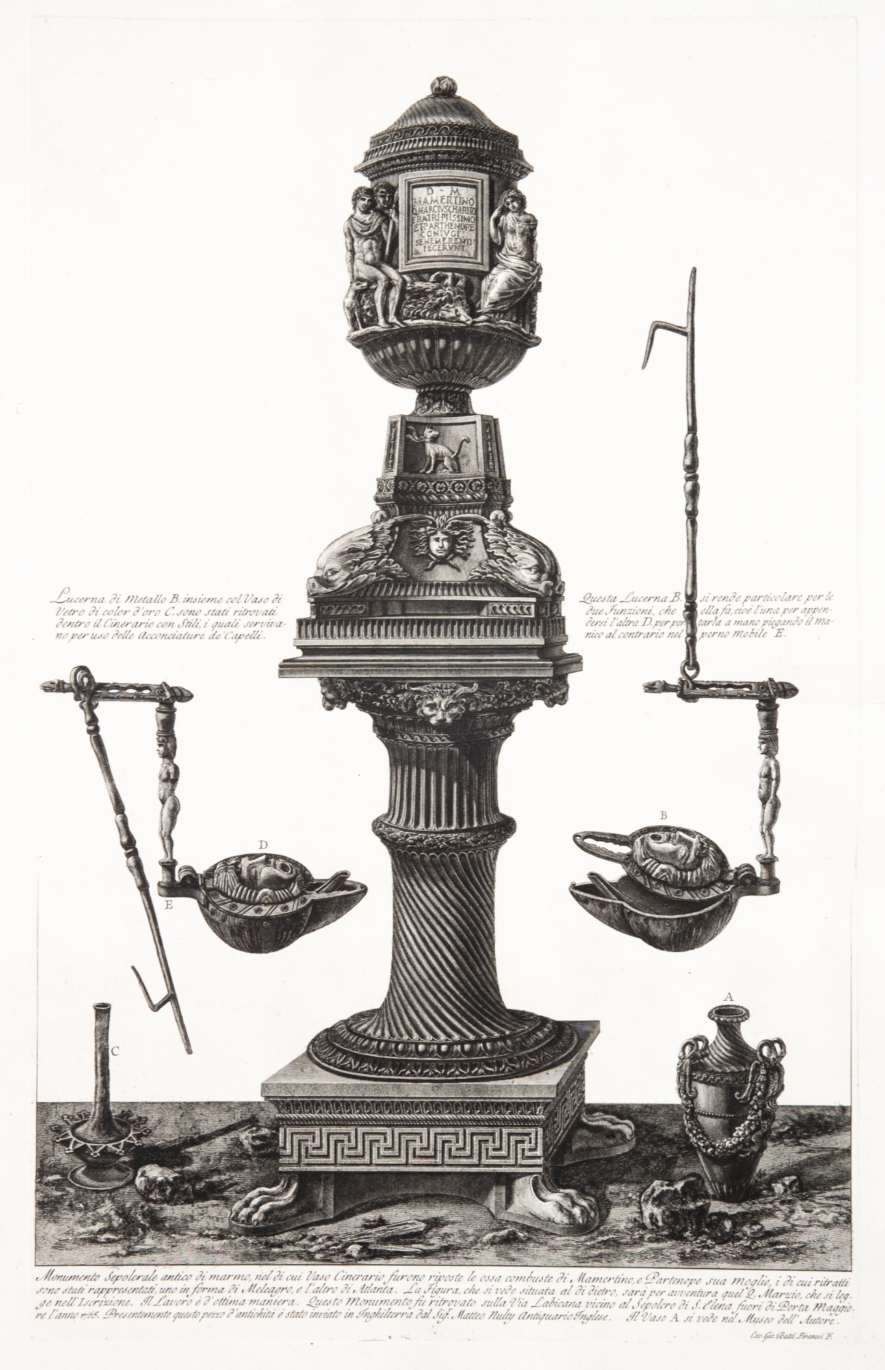 Giovanni Battista Piranesi, Funerary monument of Mamertinus and his wife Partenope found on Via Labicana in 1765 together with vase and lamps, 1773-78