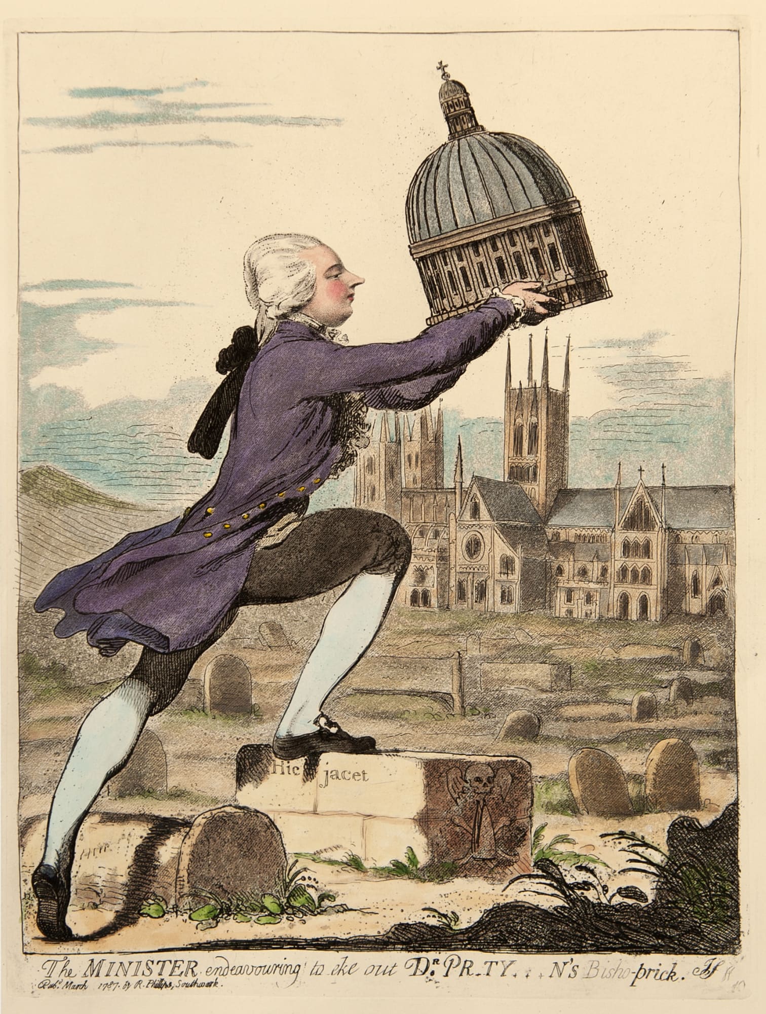 James Gillray, The Minister endeavouring to eke out Dr Pr*ty***n's Bisho Prick, 1787