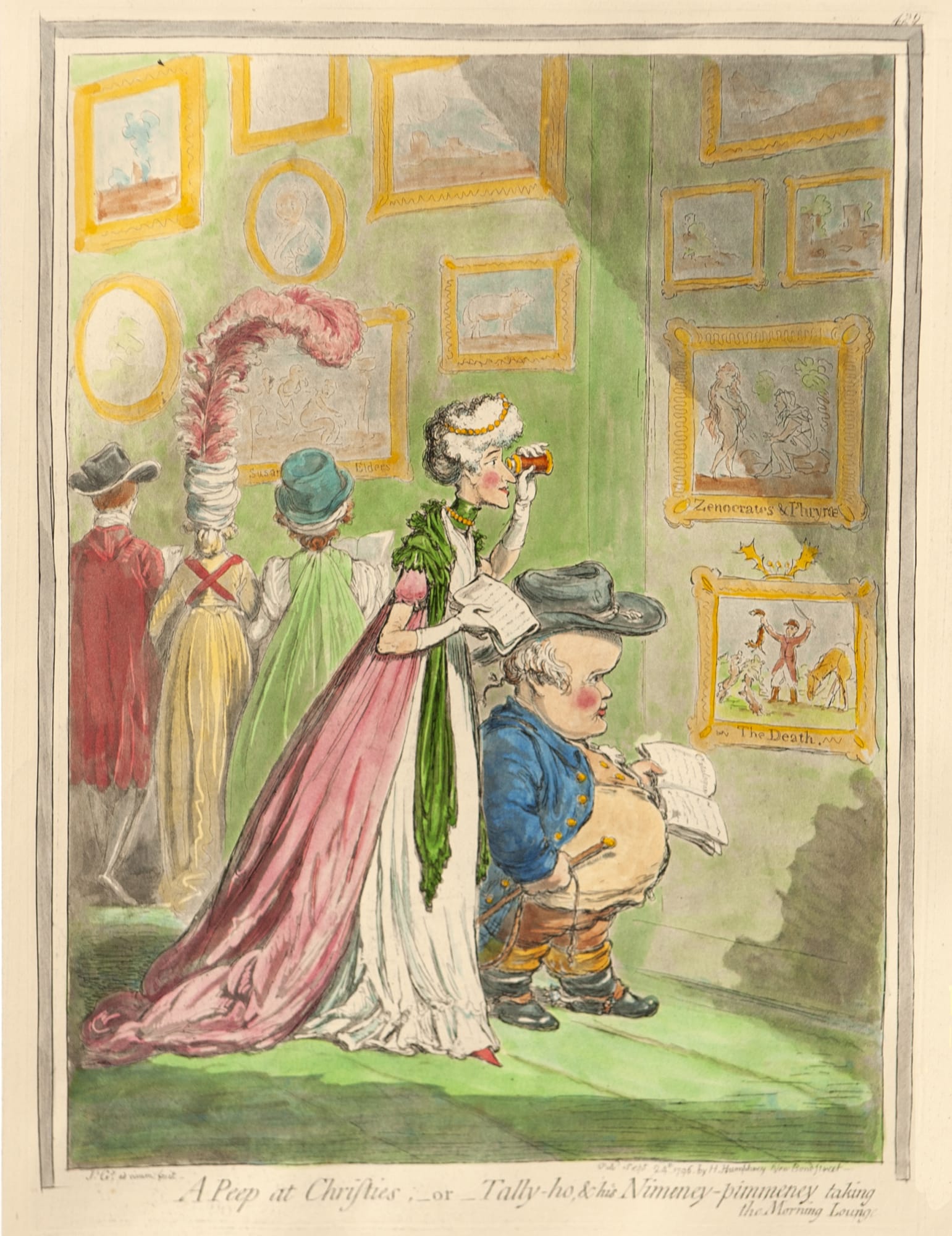 James Gillray, A Peep at Christies; - or - Tally-ho, & his Nimeney-pimmeney taking the Morning Lounge, 1796