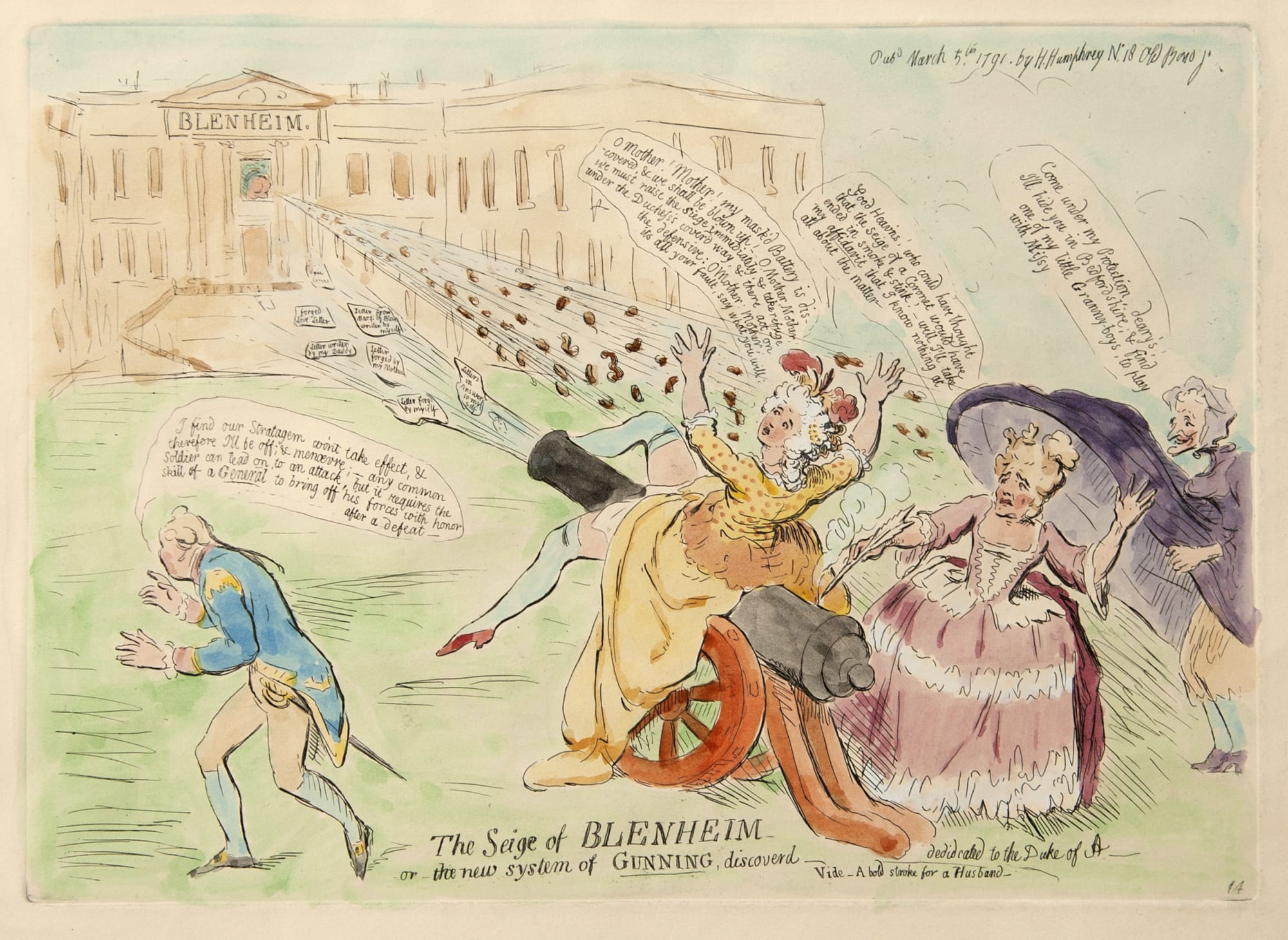 James Gillray, The Siege of Blenheim - or - the new system of Gunning, discoverd, 1791