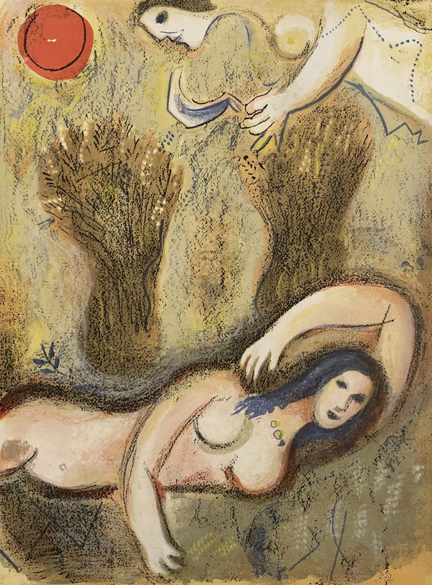 Marc Chagall, Boaz wakes up and sees Ruth at his feet, 1960