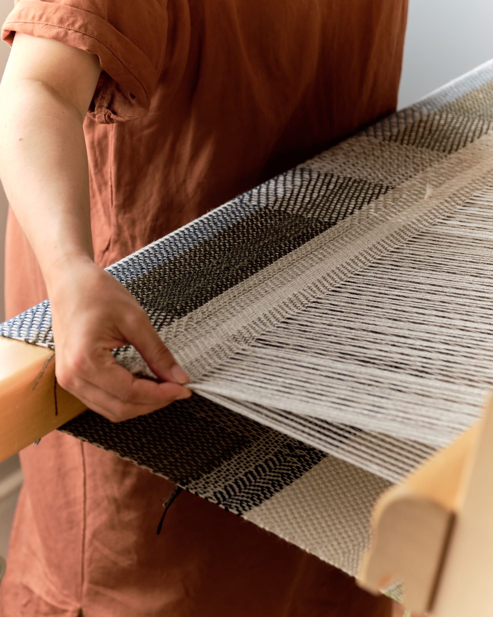 Each piece is created with the warp – the static structure that is the foundation – and the weft, the thread that is put through it adding interest.