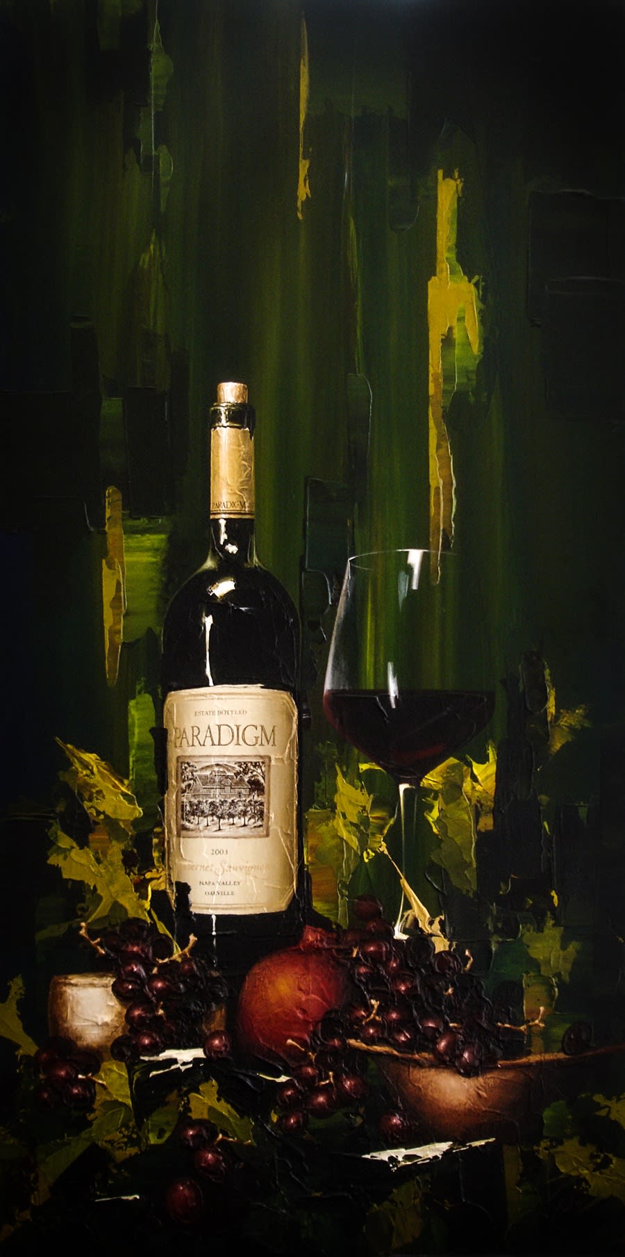 Wine still life painting of a bottle of Paradigm wine on a green background with fruit and grapes in the foreground