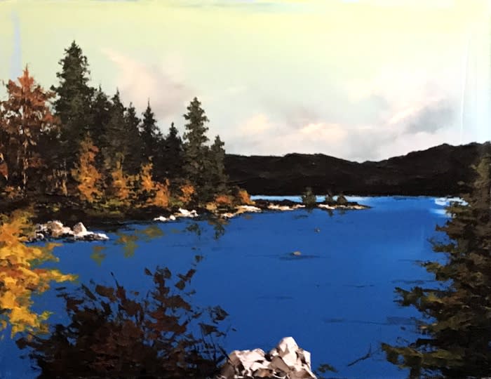 Landscape painting of Lake Tahoe with trees and mountains in the background