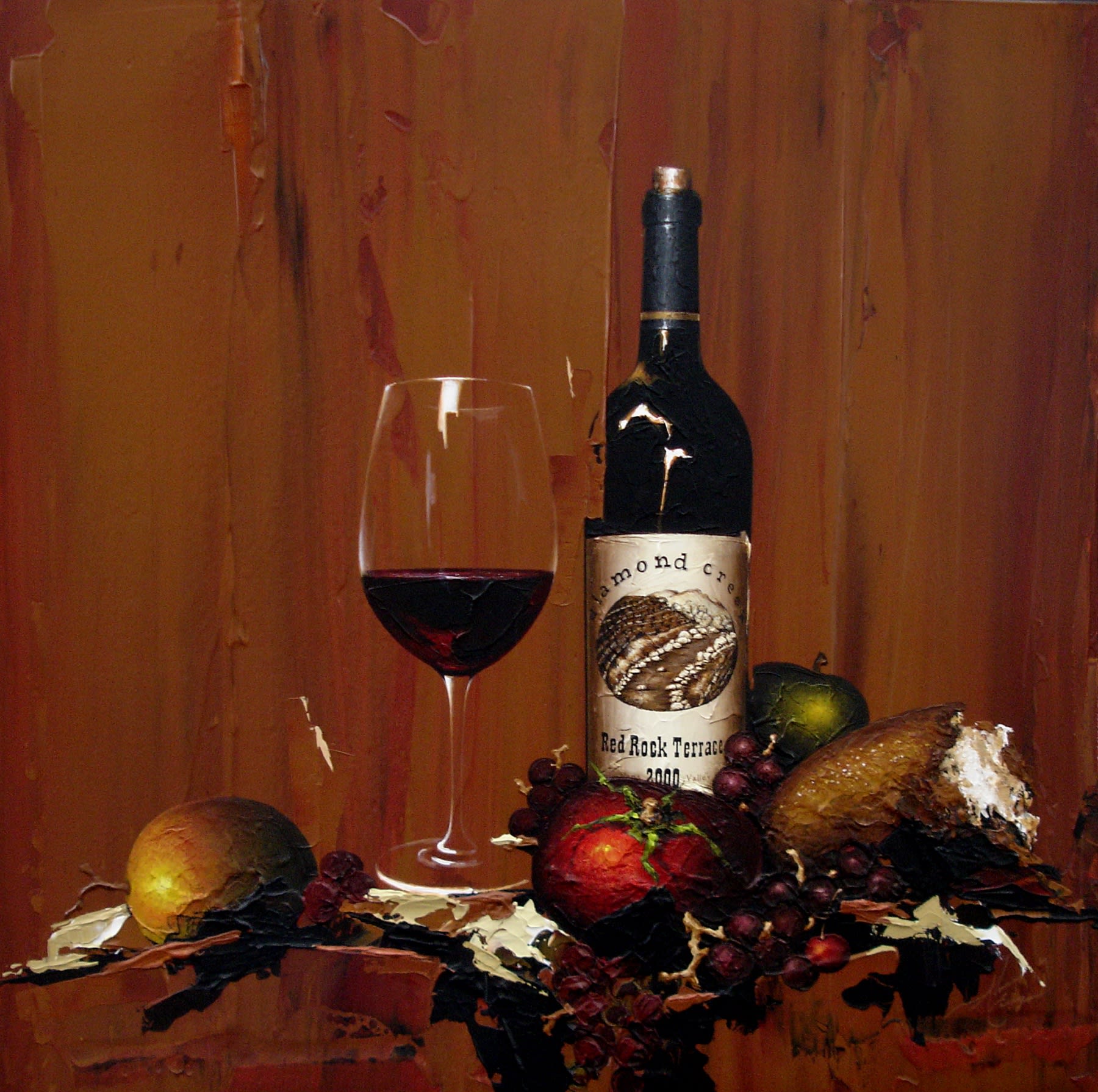 Still life painting of Diamond Creek cabernet with fruit and bread in the foreground