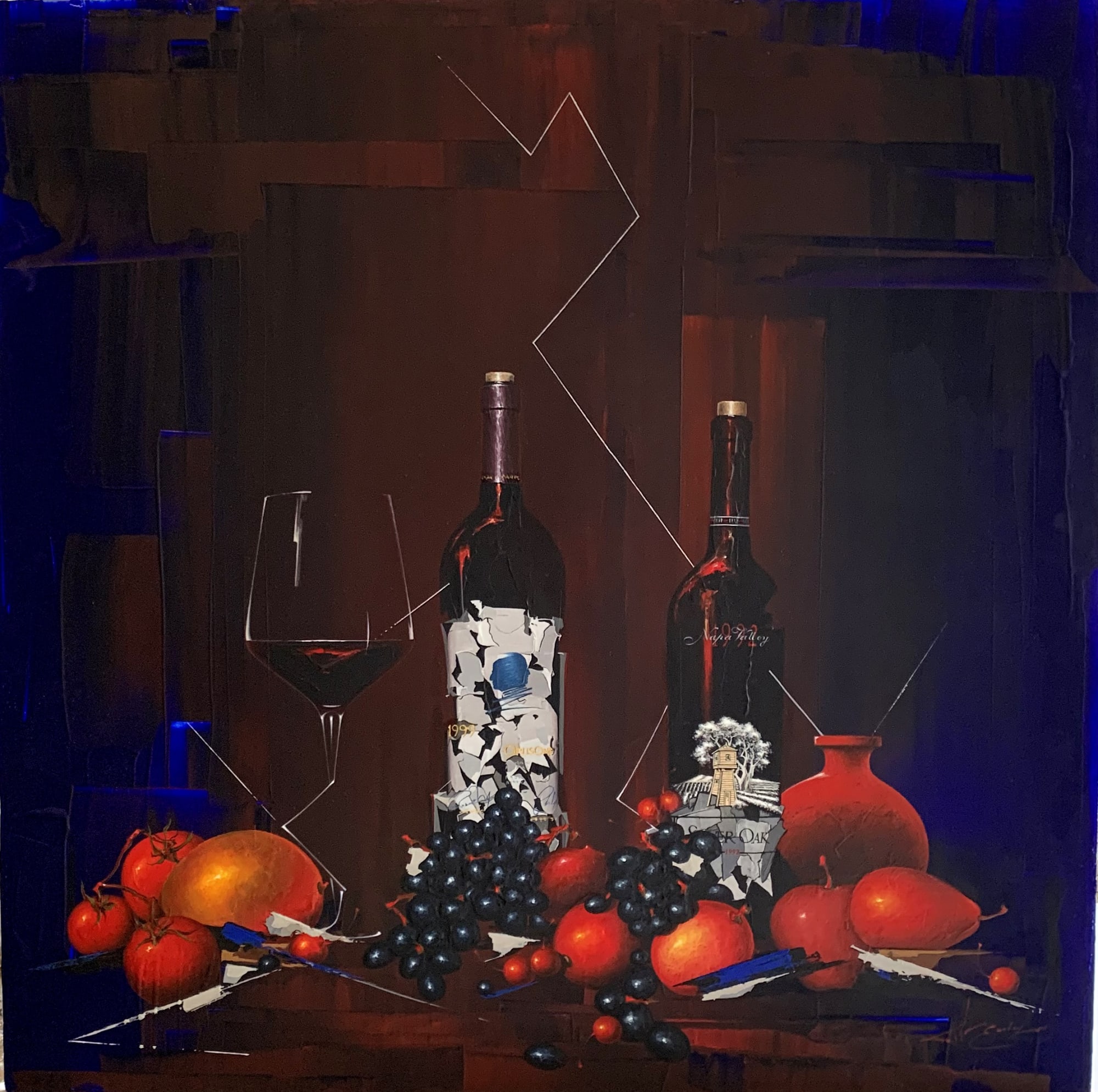 Wine still life painting of Silver Oak and Opus One bottles with fruits in the foreground and a dark maroon and purple background