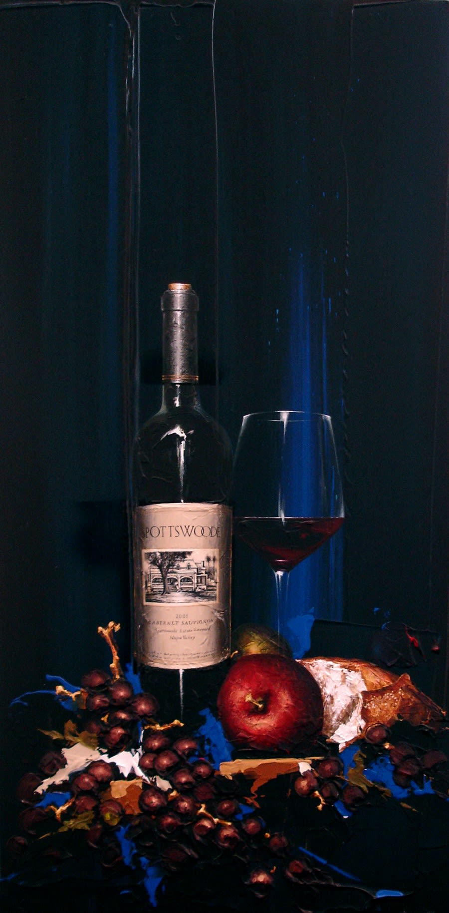 Wine still life painting of a bottle of Spottswoode cabernet with a glass of wine, bread and fruit with a dark blue background