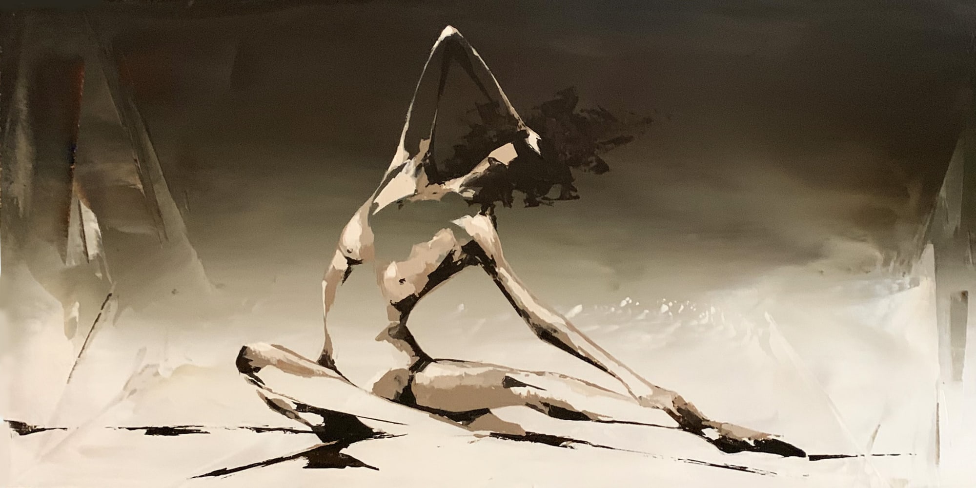 Beige and gray nude painting of woman sitting with stretched legs and raised arm on beige and dark brown background