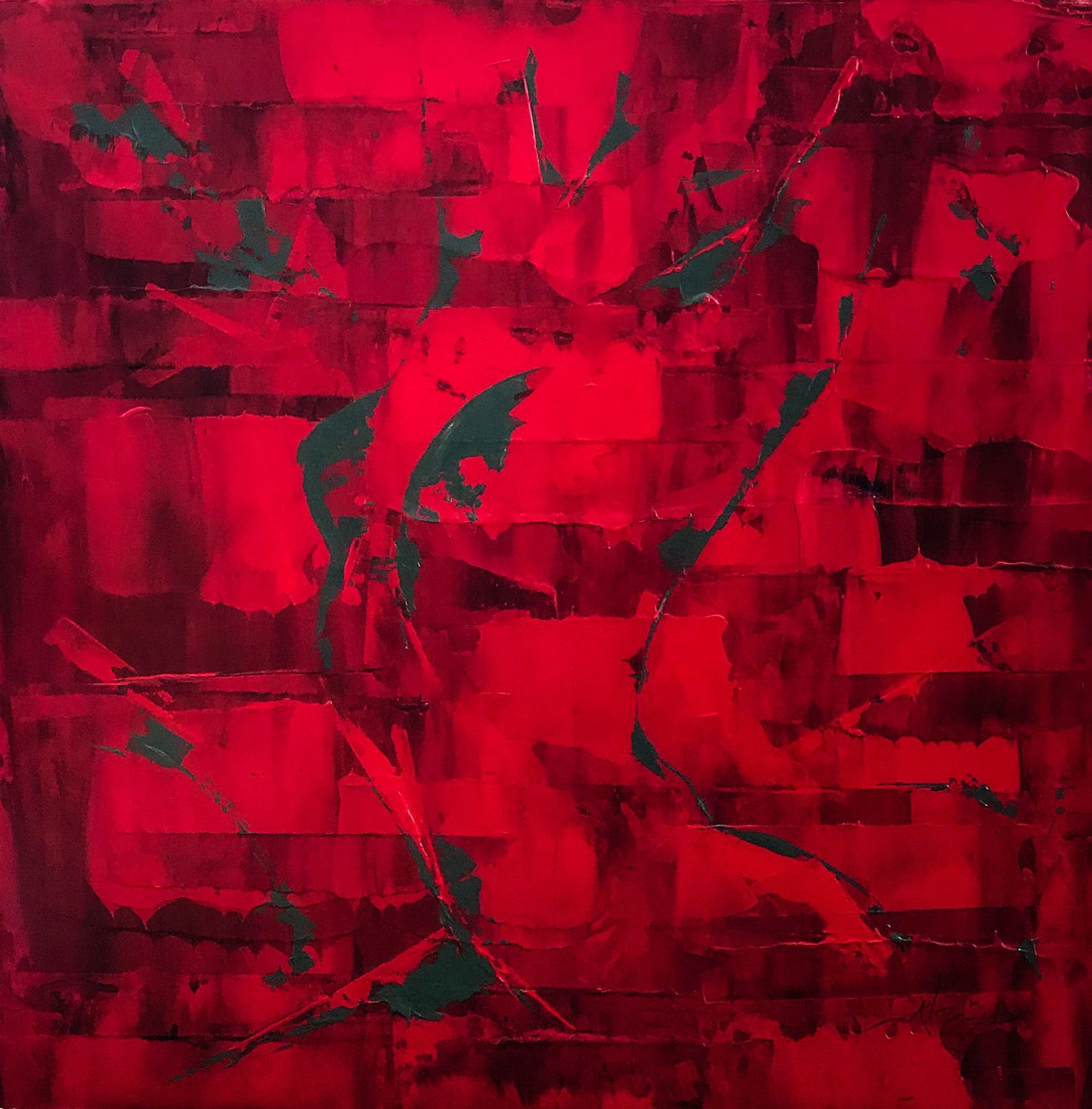 Abstract gray nude painting of woman on red background