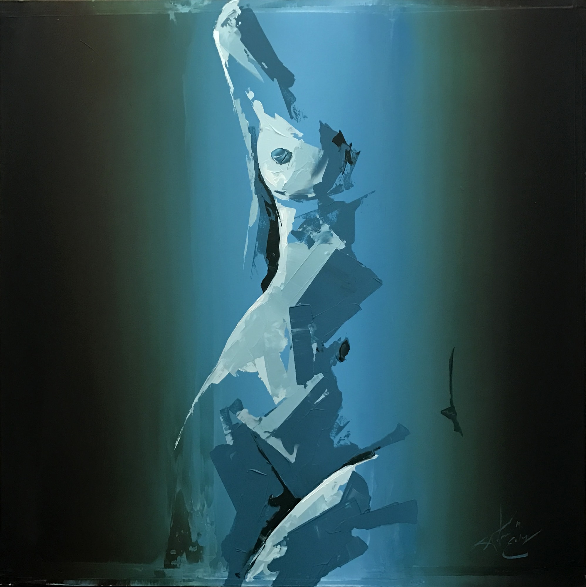 Partial frontal nude painting of female from shoulder to thighs on a blue background