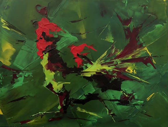 Painting of green abstract rooster with red beak
