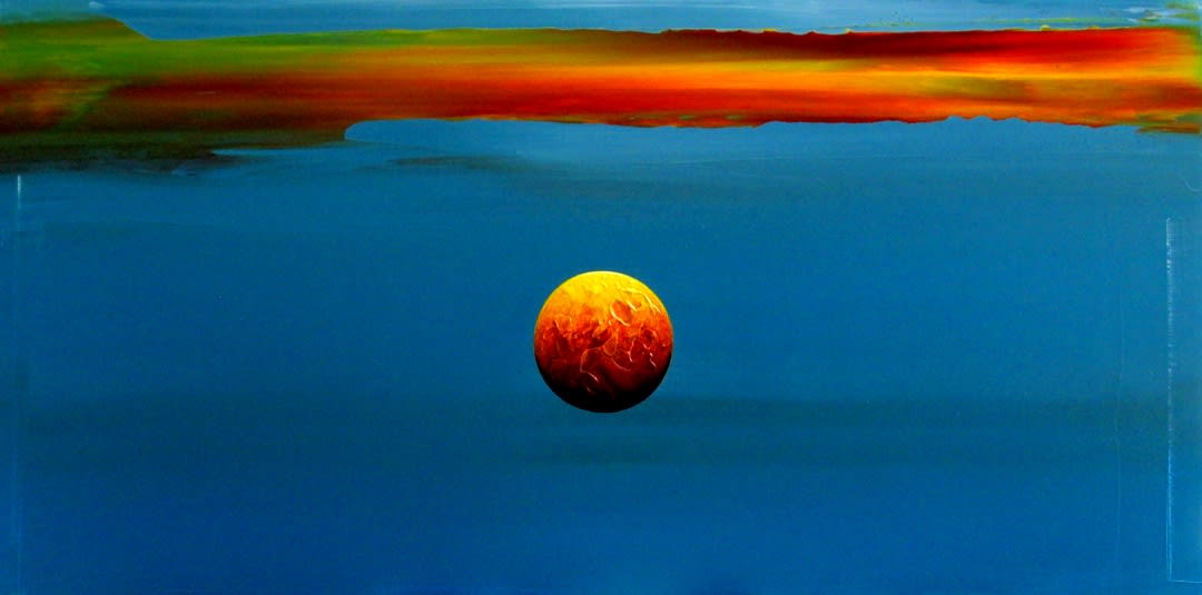Surreal painting of a red and orange sphere in the foreground floating in a blue background with a yellow and red horizon
