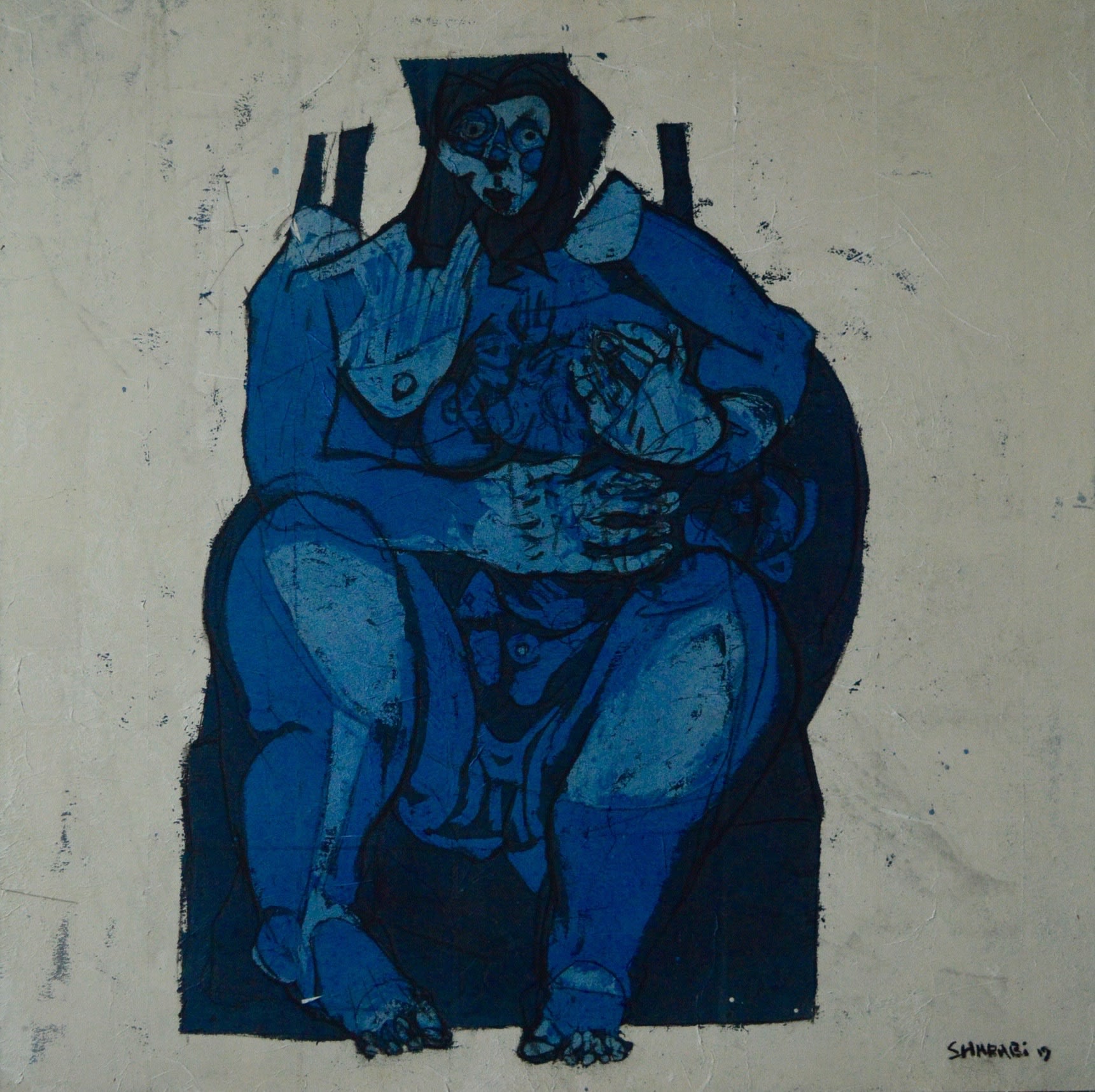 Alaa Sharabi Blue Mother, 2019 Mixed media on canvas 150 x 150 cm 59 x 59 in