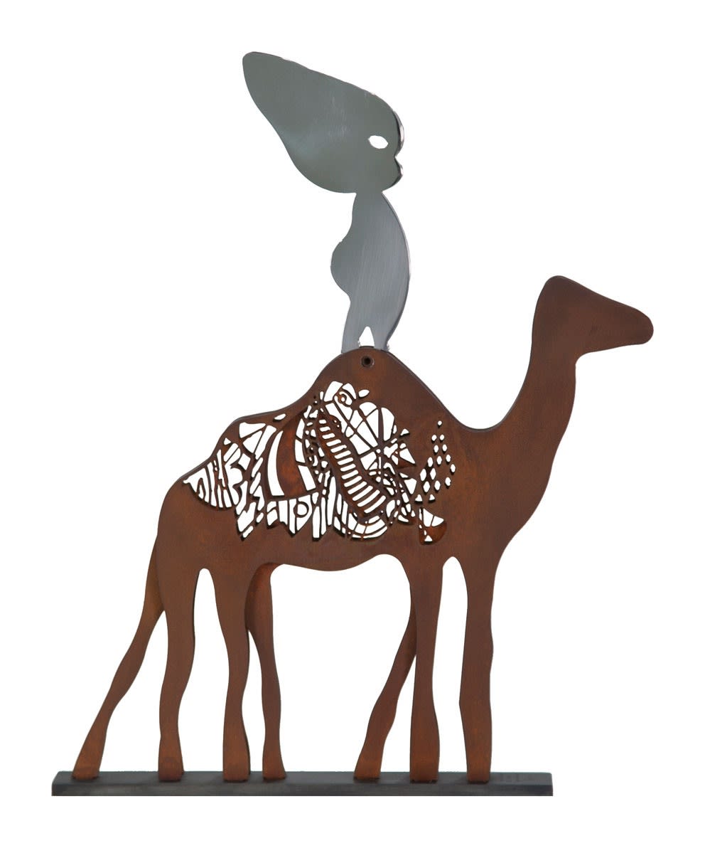 Nadim Karam Baby Phoenician on a Camel Stainless and Corten steel 36 x 28 x 4 cm 14 1/4 x 11 x 1 1/2 in Edition of 25 + 5 AP