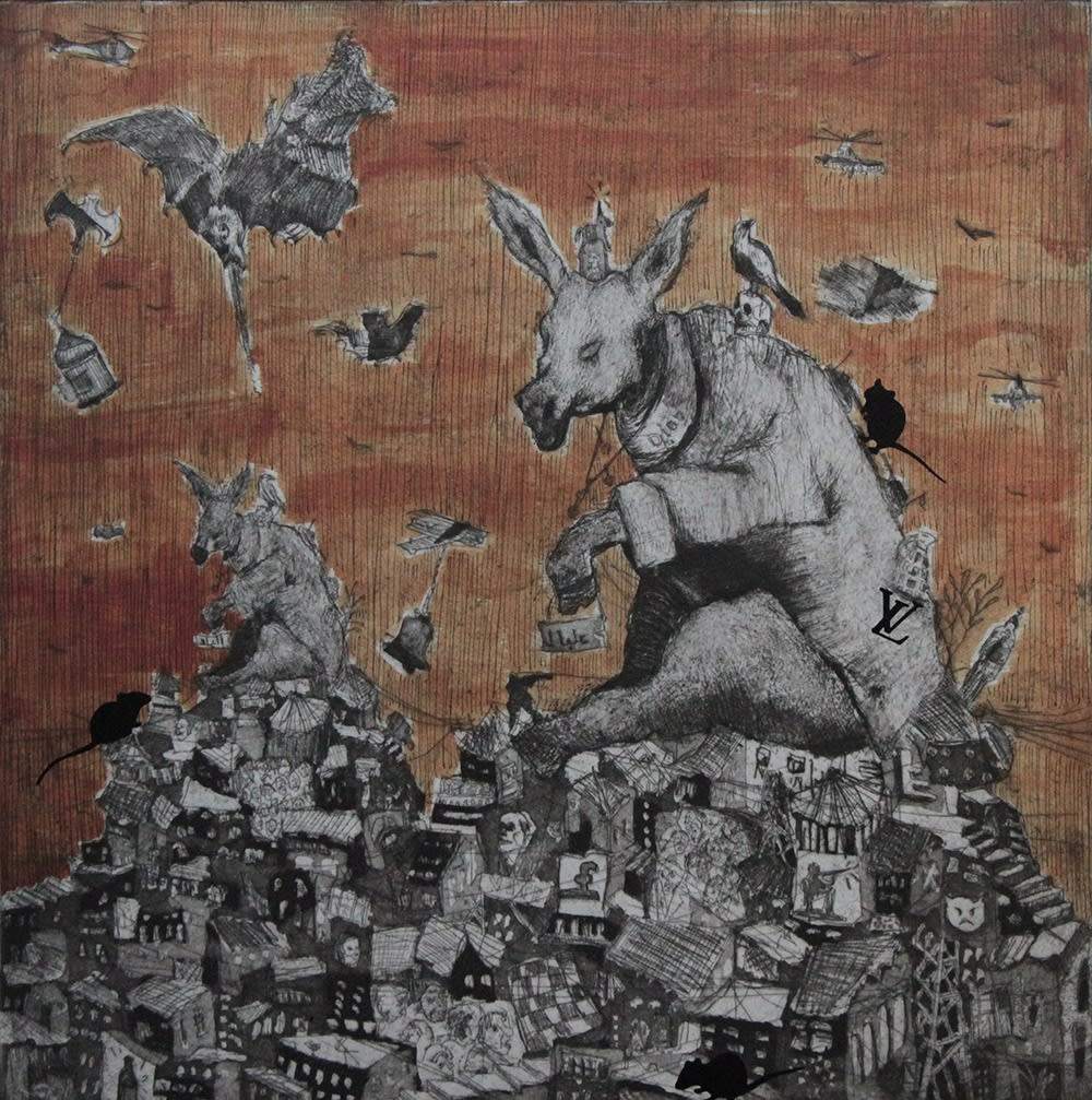 Zena Assi Ras Al Balad (Ecco Home Series), 2021 Etchings hand colored with aquatint 30 x 30 cm 11 3/4 x 11 3/4 in