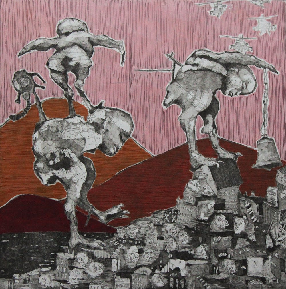 Zena Assi Three Giants (Ecco Home Series), 2021 Etchings hand colored with aquatint 30 x 30 cm 11 3/4 x 11 3/4 in