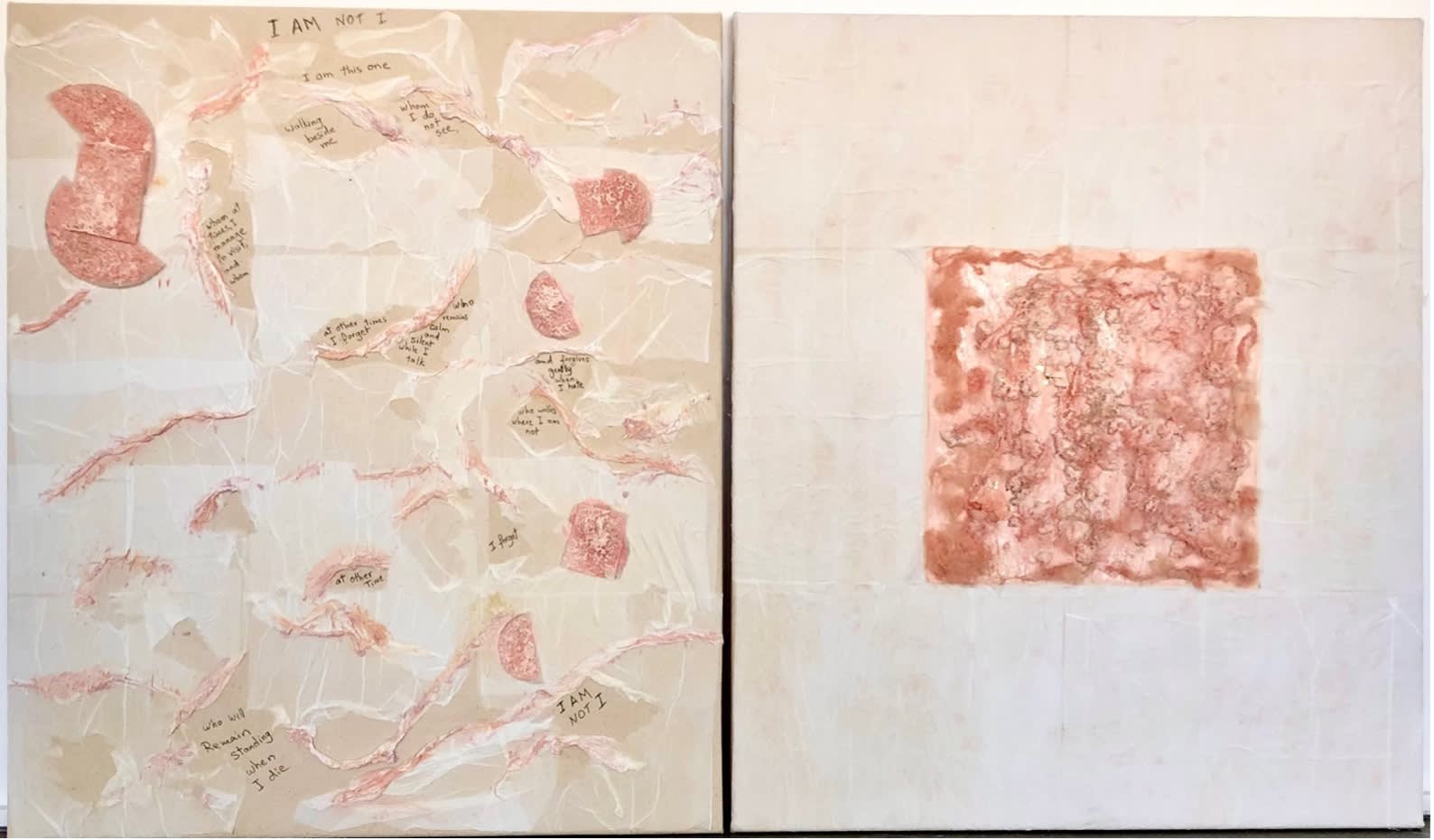 Rima Moukahal I am not I, 2022 Mixed media and acrylic on canvas 80 x 68 cm each 31 1/2 x 26 3/4 in each 80 x 120 cm overall 31 1/2 x 47 1/4 in overall