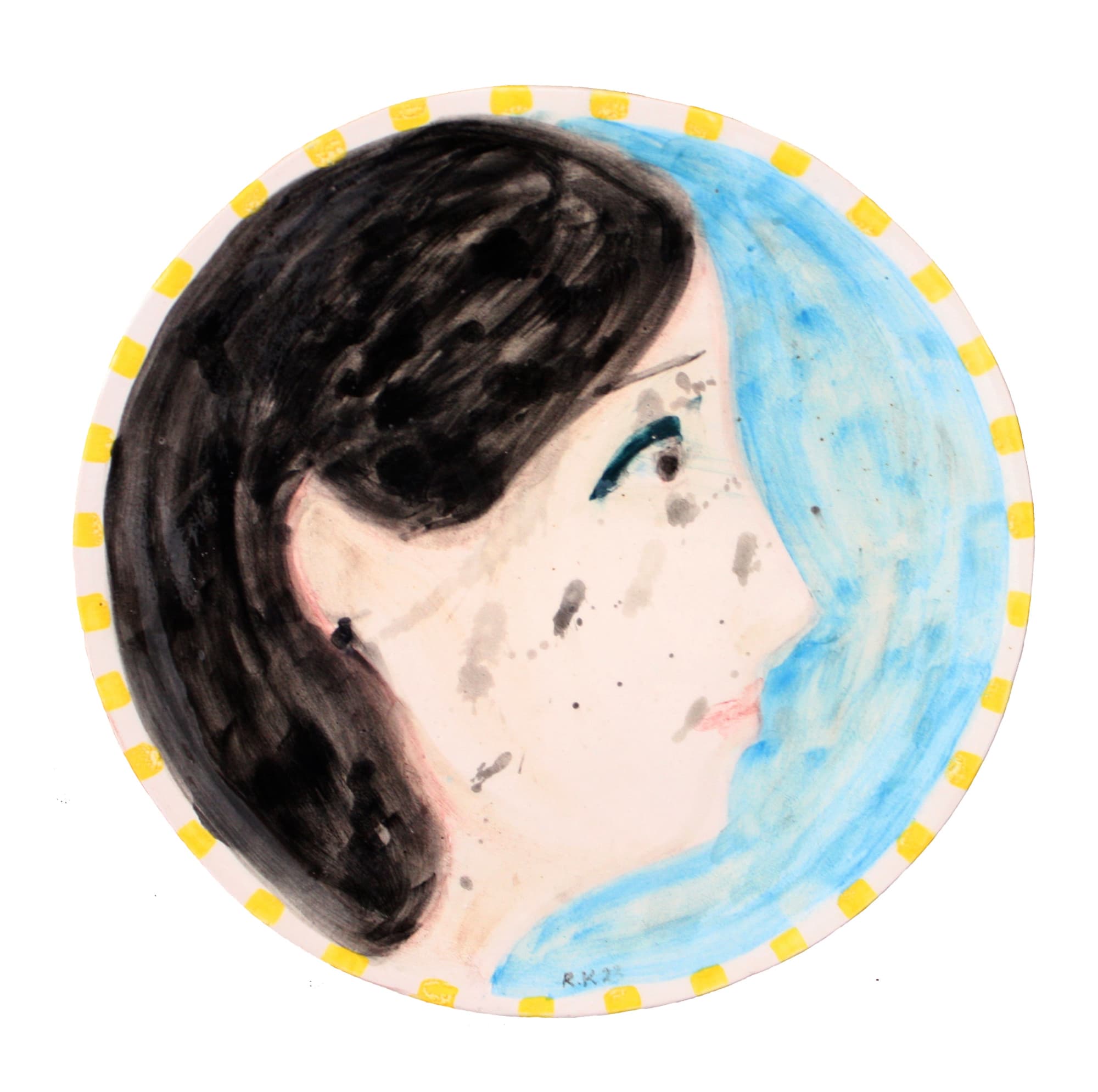 Rabee Kiwan Untitled, 2023 Ceramic plate, oxide color glaze on kaolin and local Syrian clay 30 cm diameter 11 3/4 in diameter