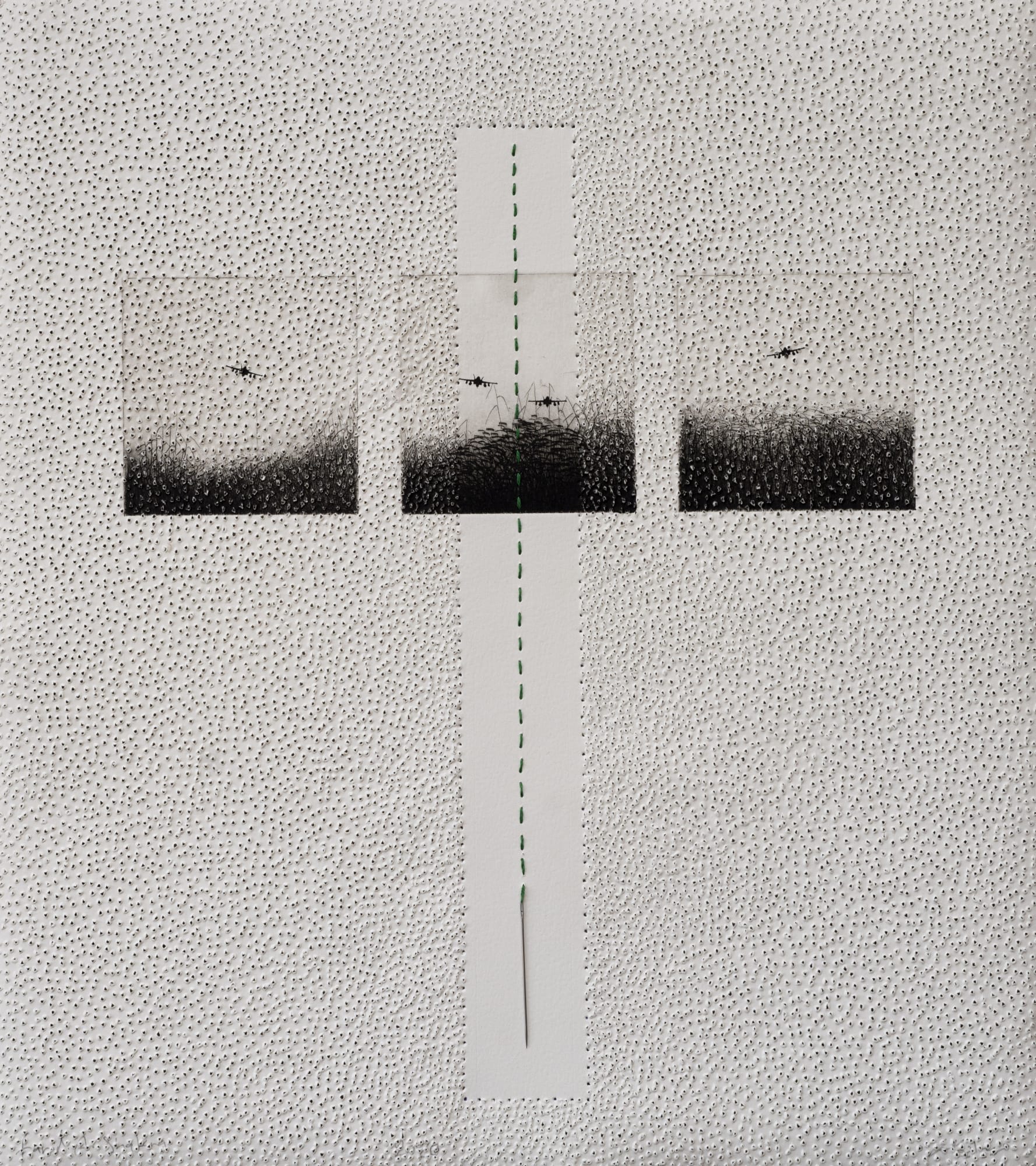Farid Abu Shakra Country's Landscape, 2020 Engraving, thread, needle and perforation on archival paper 49 x 44 cm 19 1/4 x 17 1/4 in