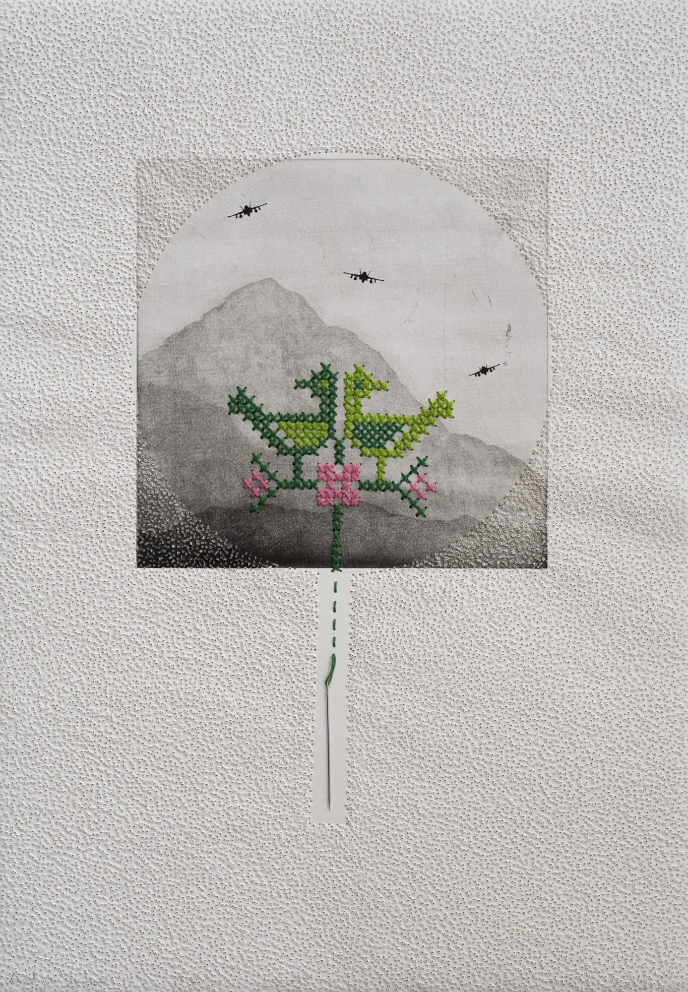 Farid Abu Shakra Embroidered Landscape, 2020 Engraving, embroidery and perforation on archival paper 48.7 x 34.4 cm 19 1/4 x 13 1/2 in