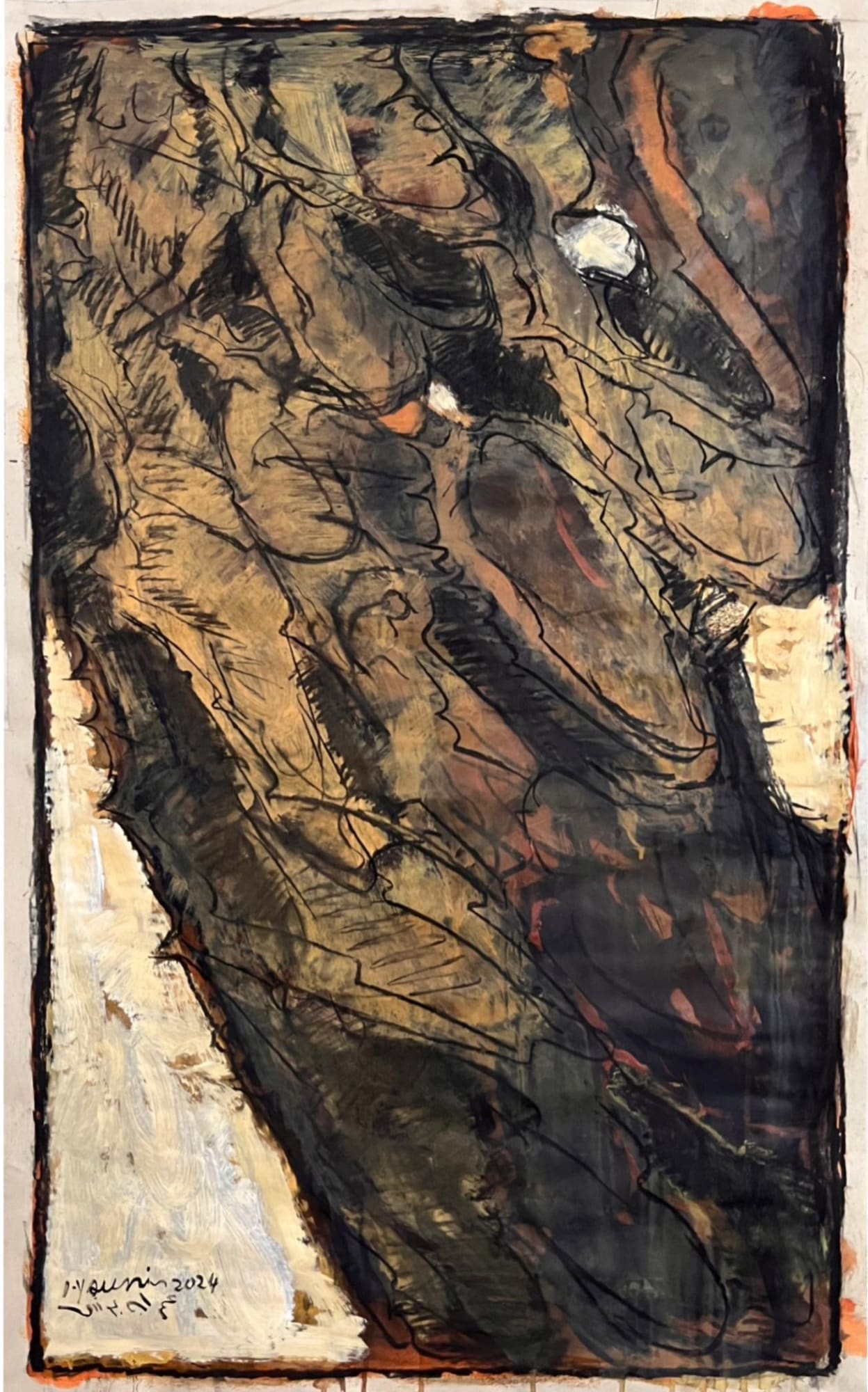 Omran Younis Untitled, 2024 Oil and mixed media on paper 115 x 70 cm 45 1/4 x 27 1/2 in