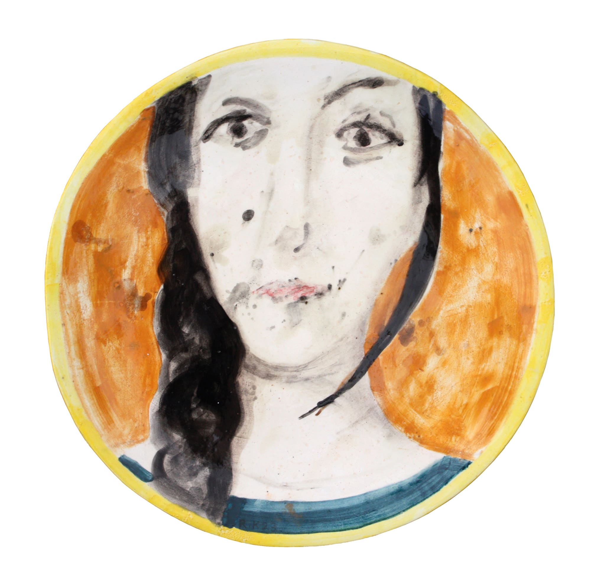 Rabee Kiwan Untitled, 2023 Ceramic plate, oxide color glaze on kaolin and local Syrian clay 30 cm diameter 11 3/4 in diameter