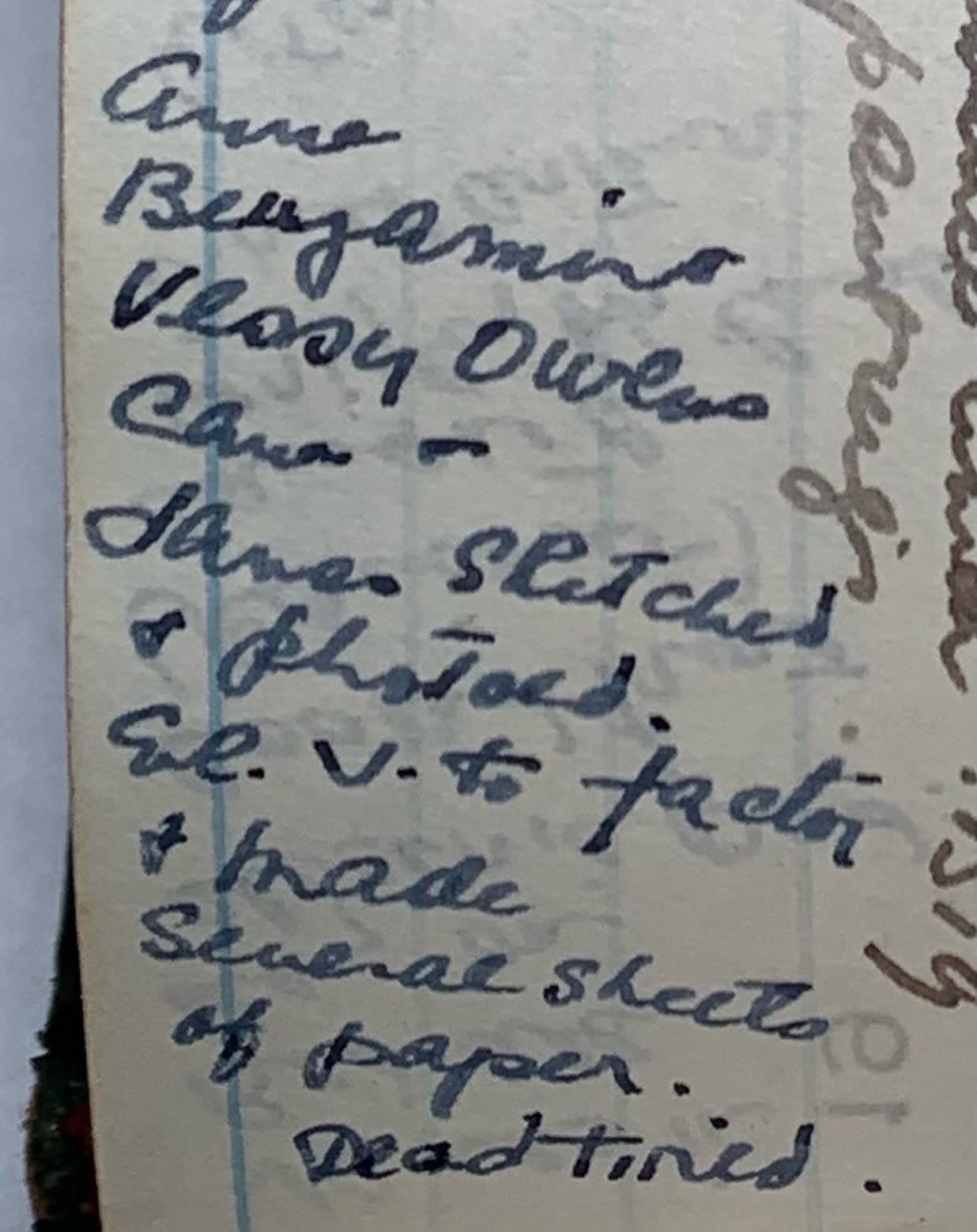 Marguerite McBey's diary in 1940, listing Vessie and Anne as sitters for sketches and photographs