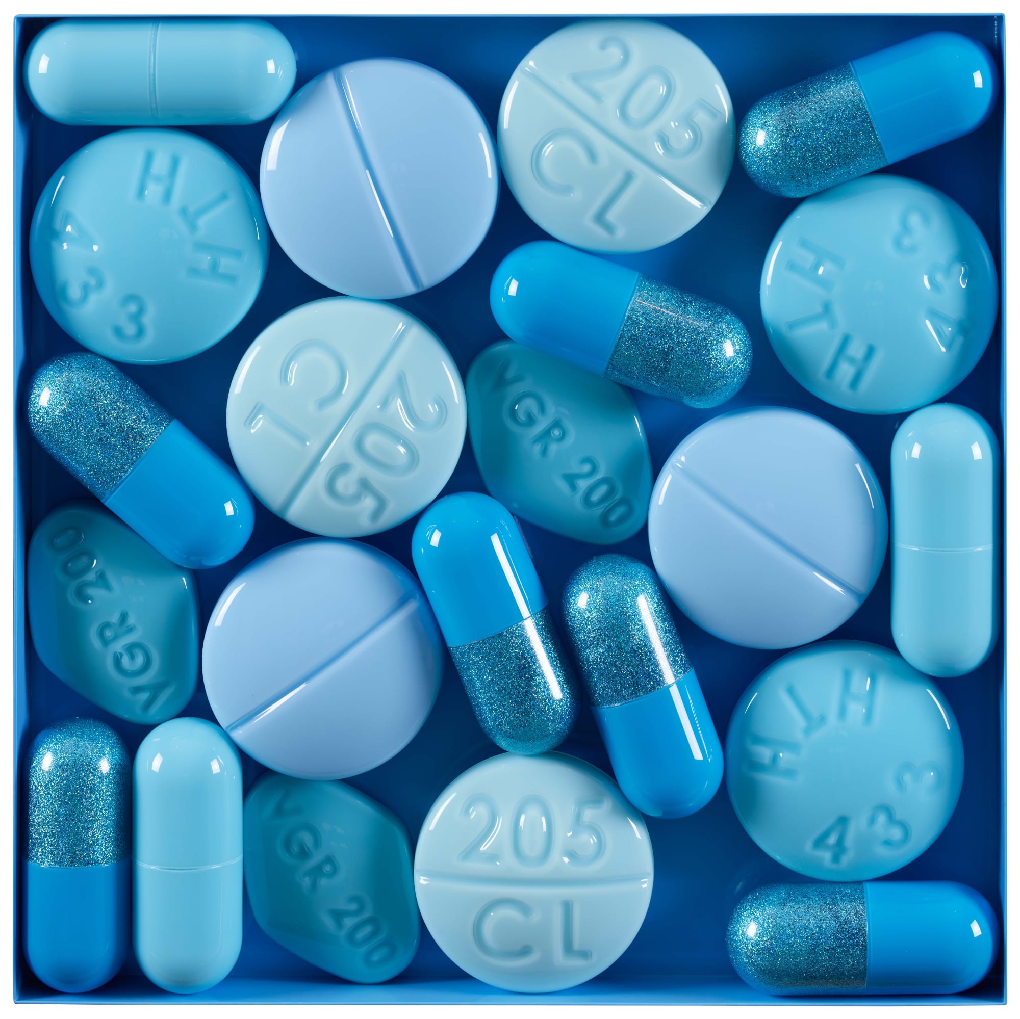 Blue Pills II., 2023 Medium: Acrylic mold, mixed media, aluminium surround framed Size: 60 x 60 x 6 cm