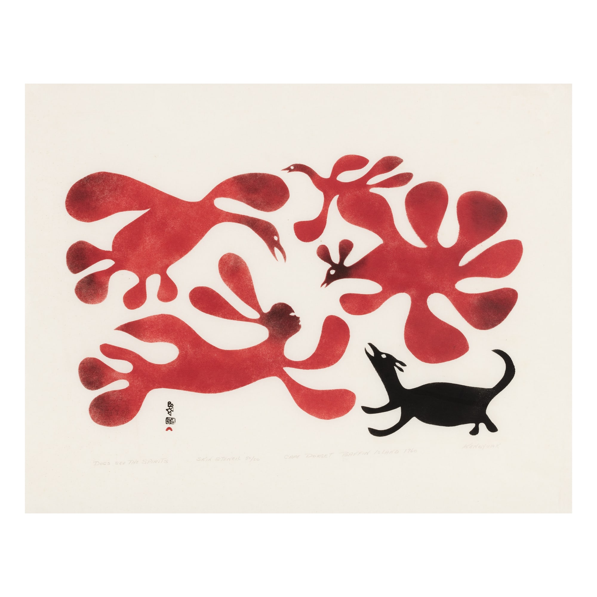 KENOJUAK ASHEVAK, C.C., R.C.A (1927-2013) KINNGAIT (CAPE DORSET) Dogs See the Spirits, 1960 REALIZED: $28,800