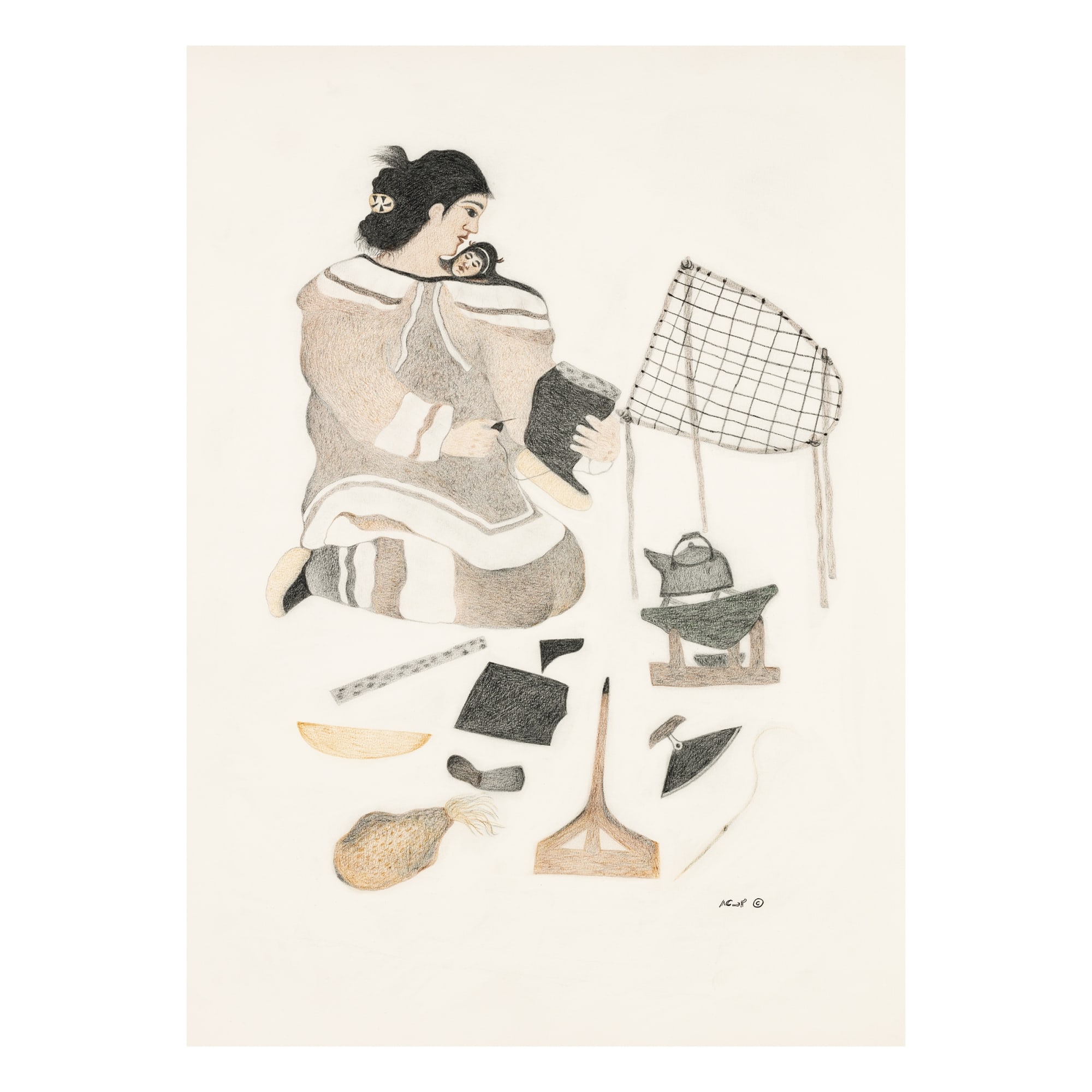 Pitaloosie Saila, R.C.A. (1942-) KINNGAIT (CAPE DORSET) Mother at Camp, Sewing a Kamik, 2012 REALIZED: $4,560