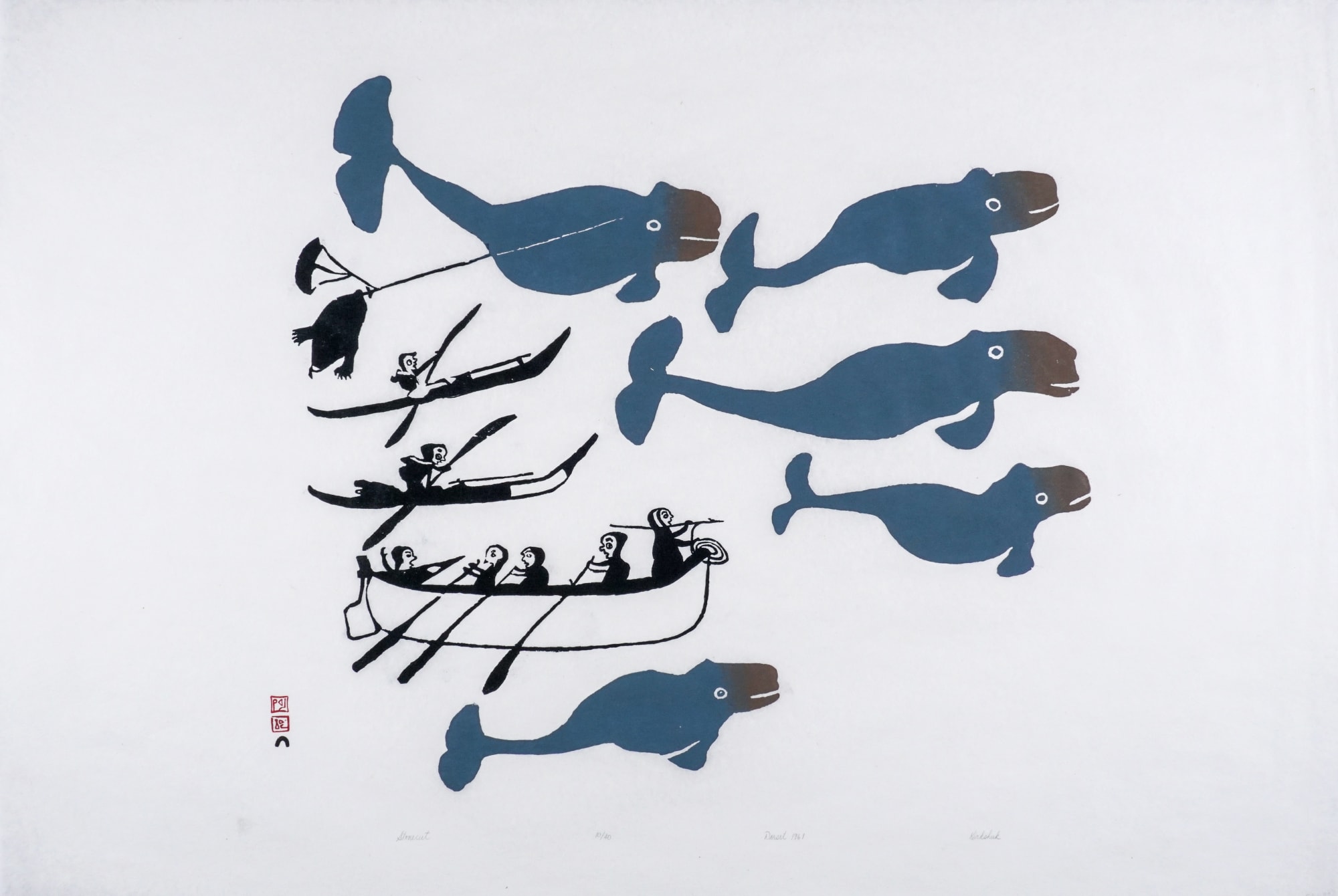 LOT 33 KIAKSHUK (1886-1966) KINNGAIT (CAPE DORSET) Untitled (Kayaks, Umiaks, 5 Whales), 1961 (1994) stonecut, 24 1/4 x 36 in (61.6 x 91.4 cm) ESTIMATE: $2,000 — $3,000 Price realized: $1,680