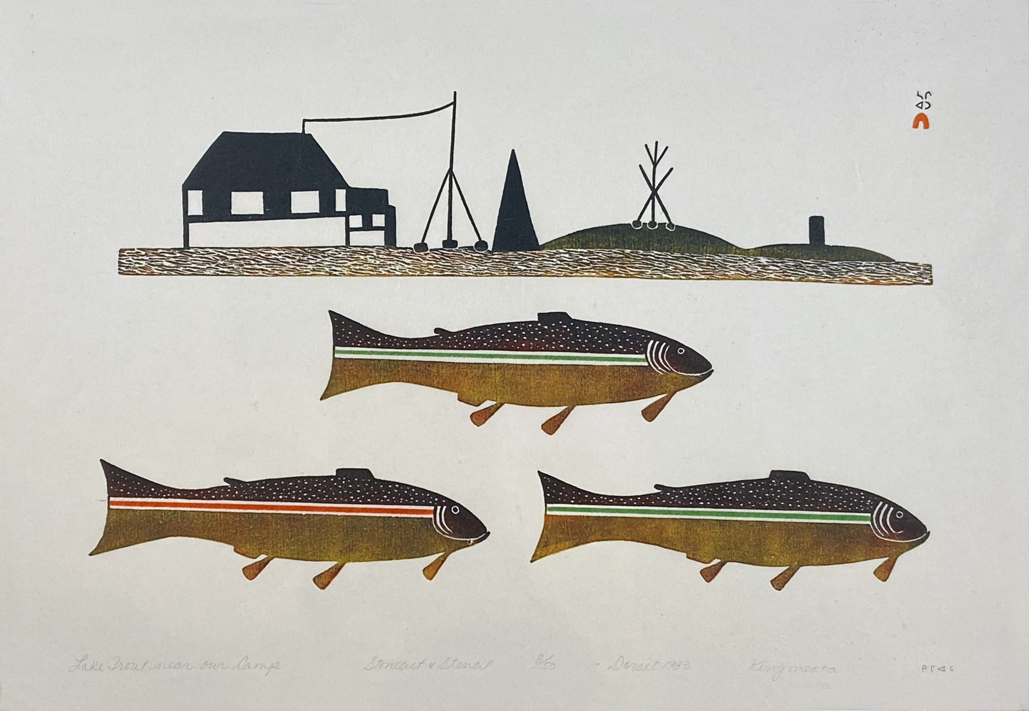 LOT 72 KINGMEATA ETIDLOOIE (1915-1989) KINNGAIT (CAPE DORSET) Lake Trout Near Our Camp, 1983 (2005) stonecut and stencil, 18 x 36 in (45.7 x 91.4 cm) ESTIMATE: $400 — $600 price realized: $360
