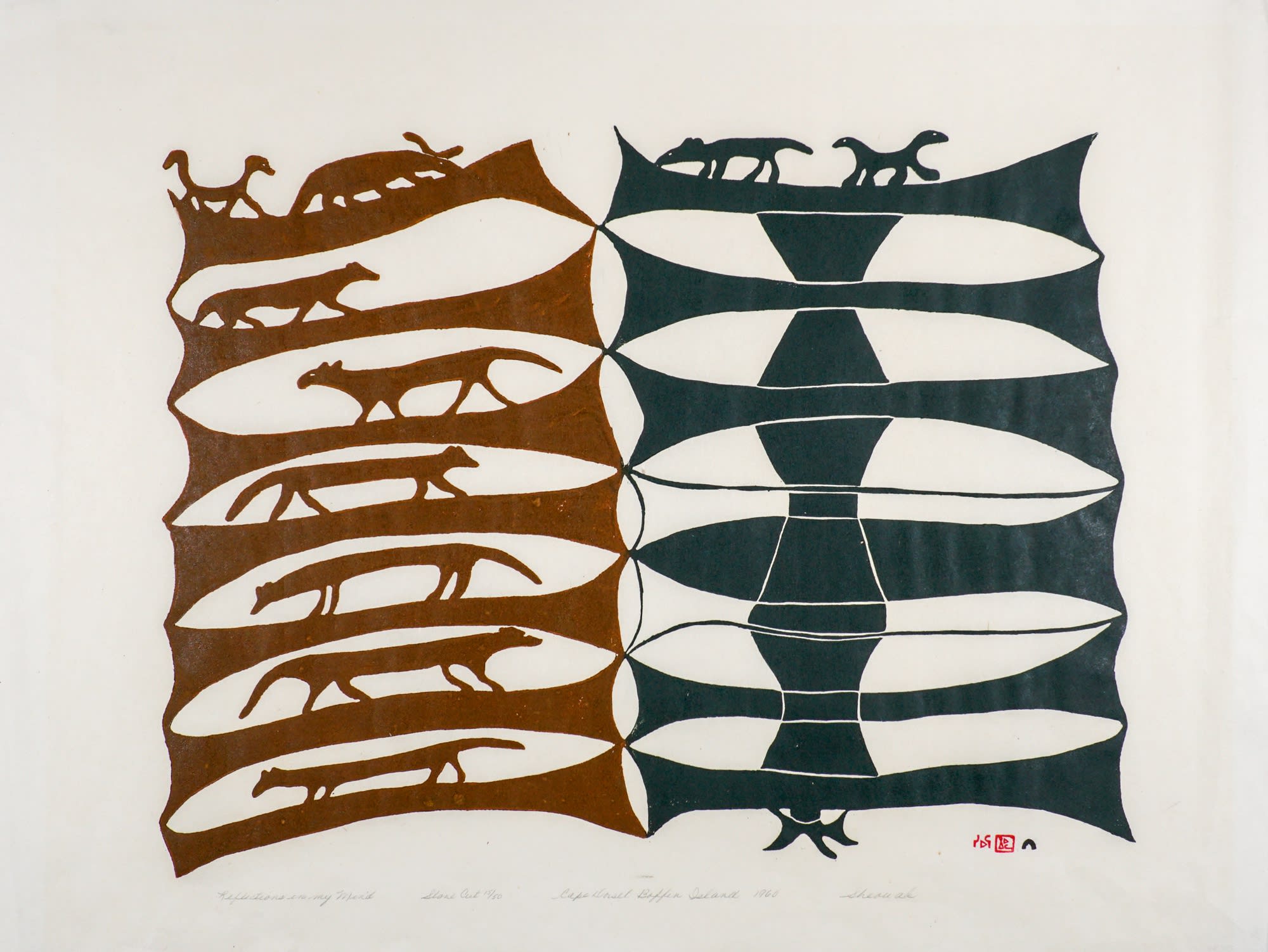 LOT 19 SHEOUAK PETAULASSIE (1918-1961) KINNGAIT (CAPE DORSET) Reflections in my Mind, 1960 stonecut, 23 3/4 x 32 1/4 in (60.3 x 81.9 cm) 15/50 ESTIMATE: $1,800 — $2,800 PRICE REALIZED: $3,000