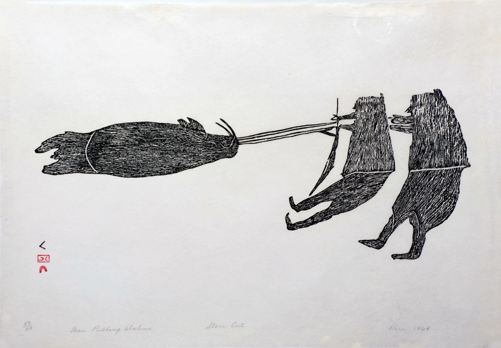 PARR (1893-1969) KINNGAIT (CAPE DORSET) Men Pulling a Walrus / Man Pulling a Walrus, 1964 (1964/5 #60) stonecut, 17.125 x 24.5 in (43.2 x 62.2 cm) $3,800
