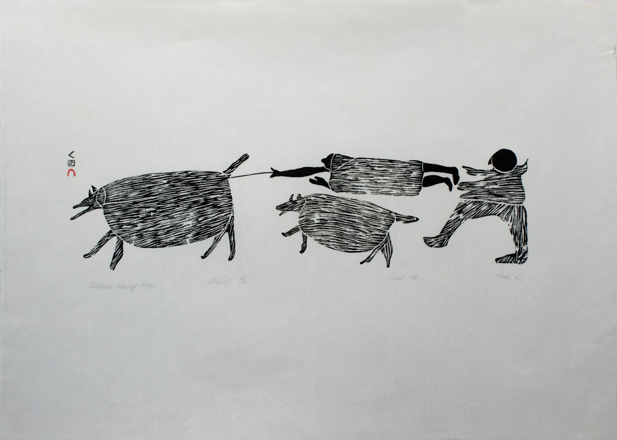 PARR (1893-1969) KINNGAIT (CAPE DORSET) Children Chasing Dogs, 1965 (1966 #3) stonecut, 24 x 34 in (61 x 86.4 cm) $3,500