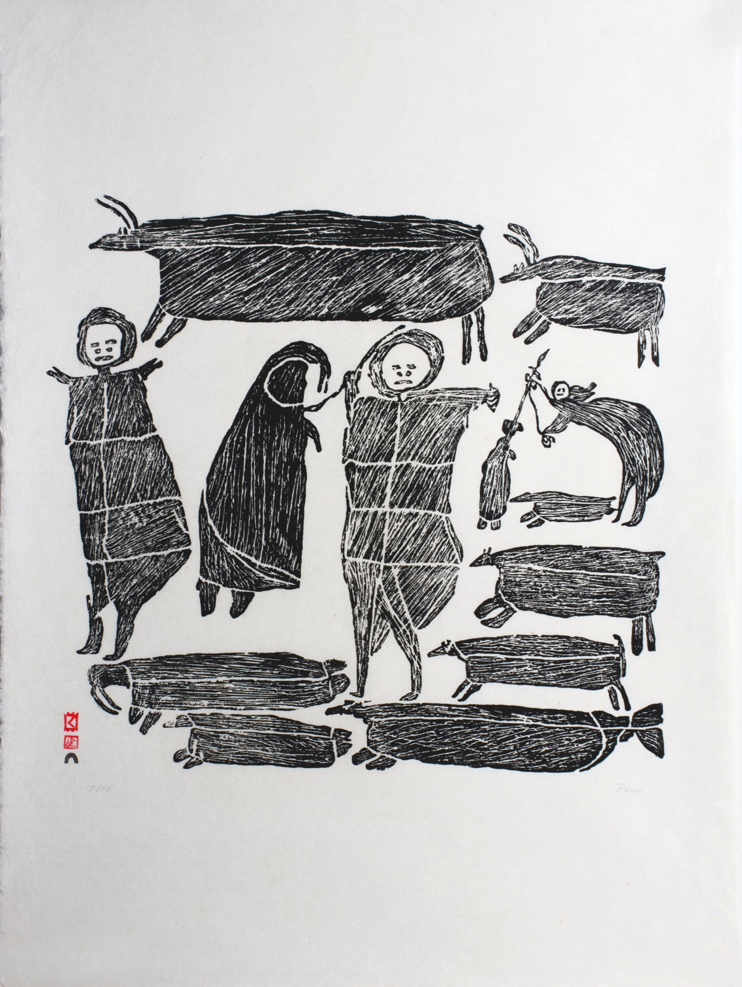 PARR (1893-1969) KINNGAIT (CAPE DORSET) The Hunters, 1962 #70 stonecut, 29.25 x 21 in (74.3 x 53.3 cm) $5,000