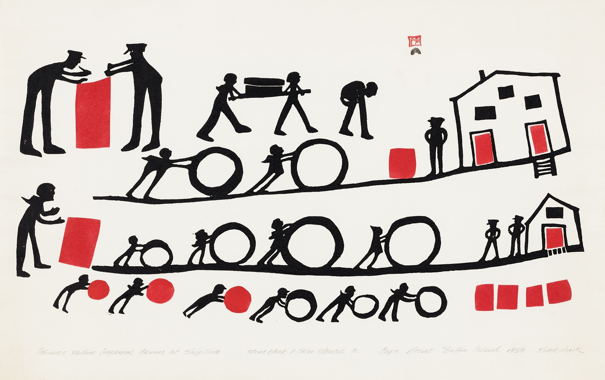 Lot 103 KIAKSHUK (1886-1966) m., KINNGAIT (CAPE DORSET) Eskimos Rolling Imperial Drums at Shiptime / Work at Ship-time*, 1959 (special commission) stonecut and stencil, 12.625 x 19.875 in (32 x 50.5 cm). Estimate: $2,500— $3,500 Price realized: $31,200